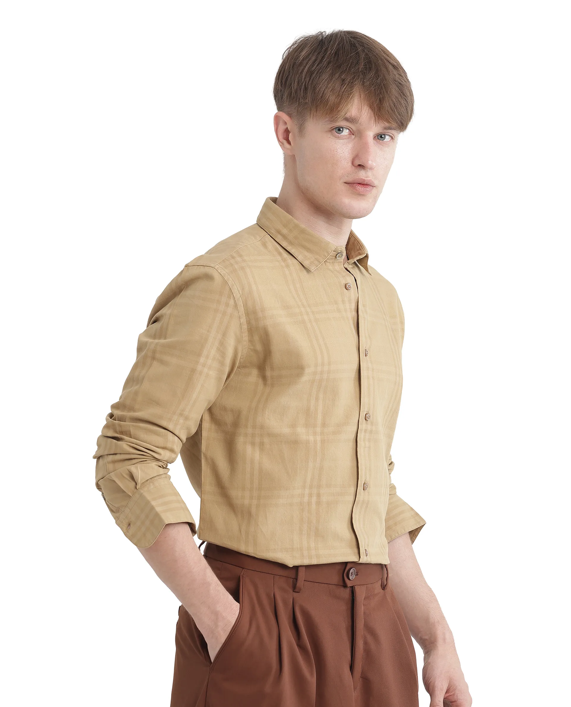 Rare Rabbit Men's Mucia Beige Cotton Checked Print Regular Fit Full Sleeve Collared Shirt - Image 8