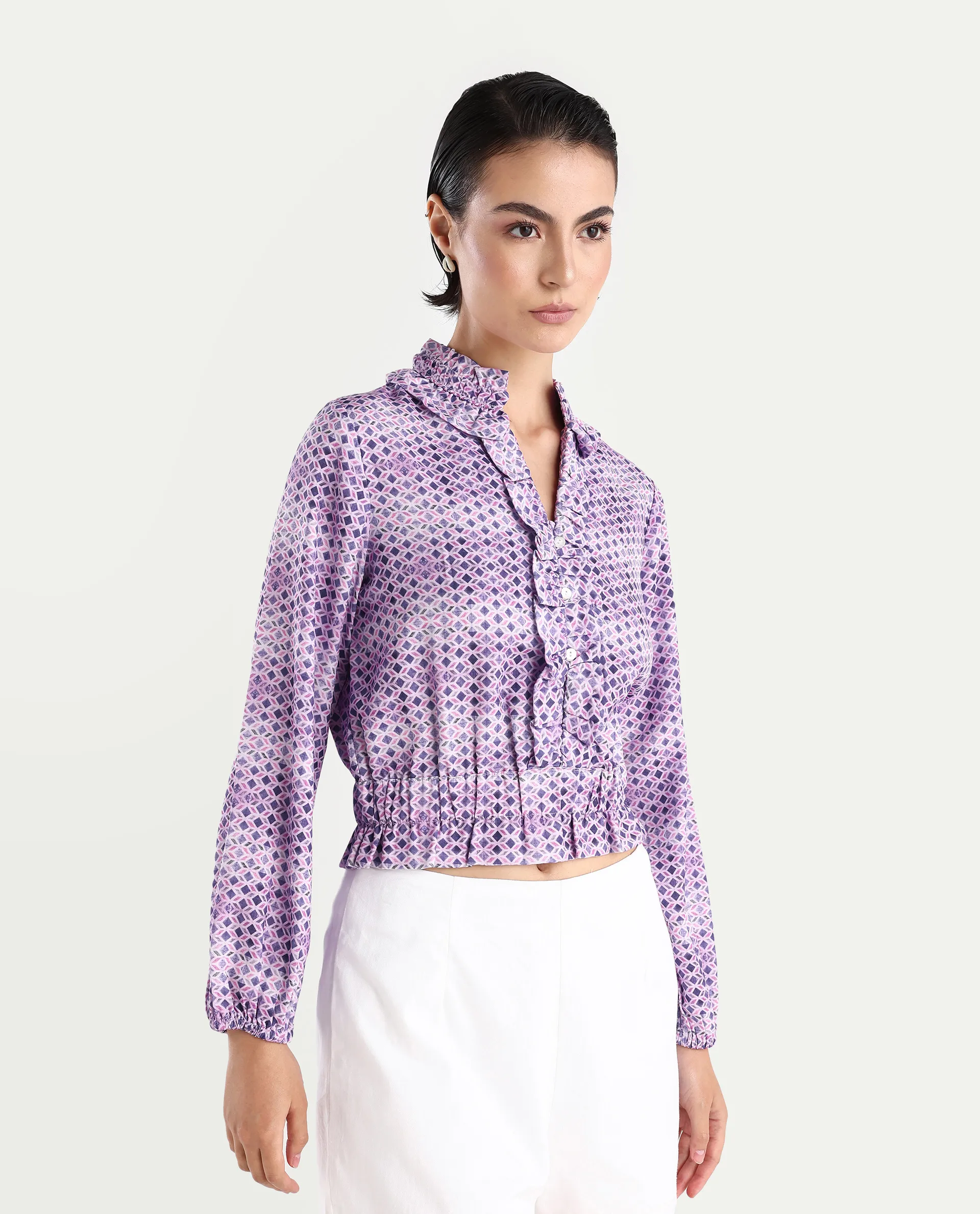 Rareism Women's Mugal Multi Polyester Blend V-Neck Geometric Print Balloon Sleeve Crop Regular Fit Top - Image 6