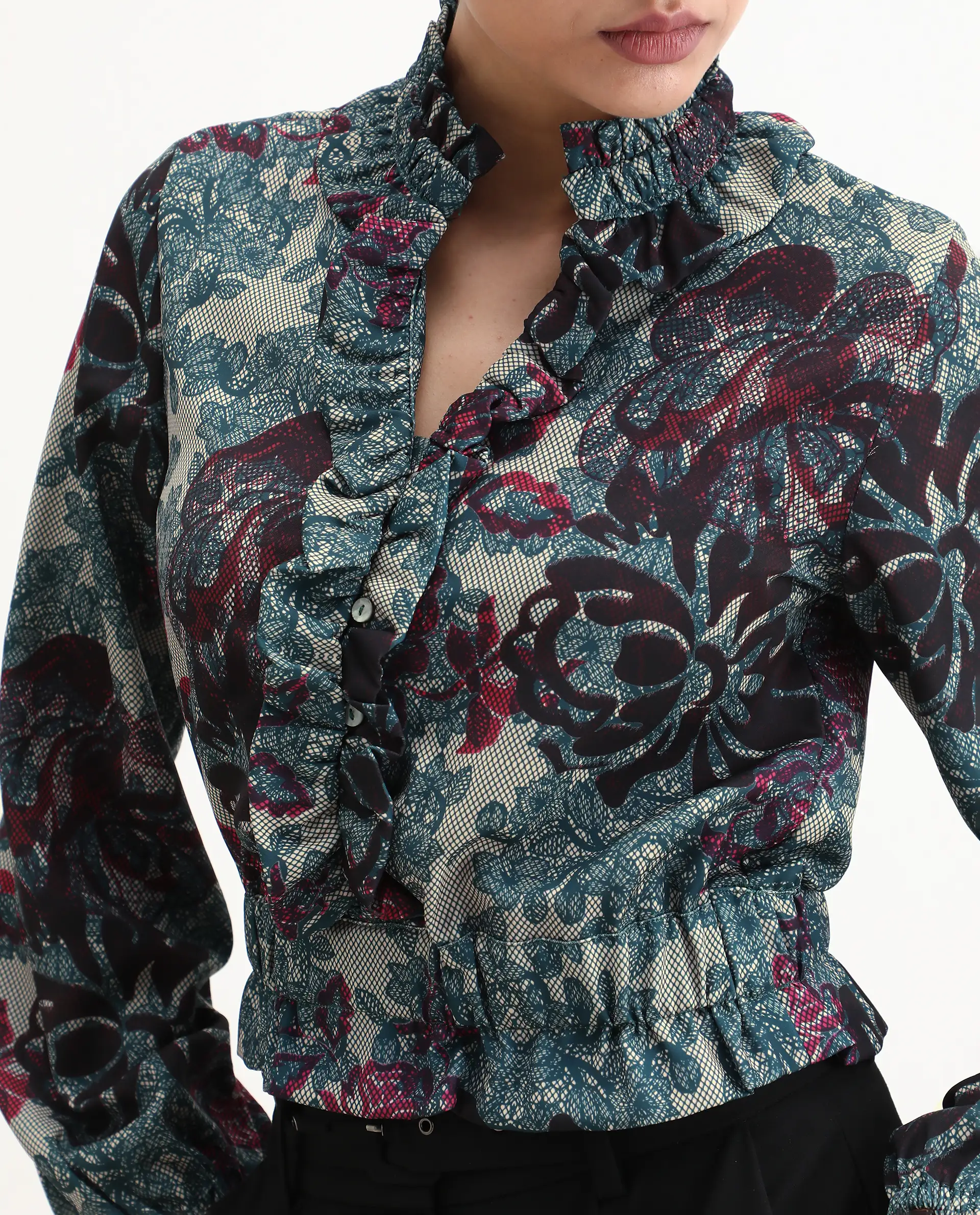 Rareism Women's Mugla Multi Polyester Blend V-Neck Floral Print Balloon Sleeve Crop Regular Fit Top - Image 4