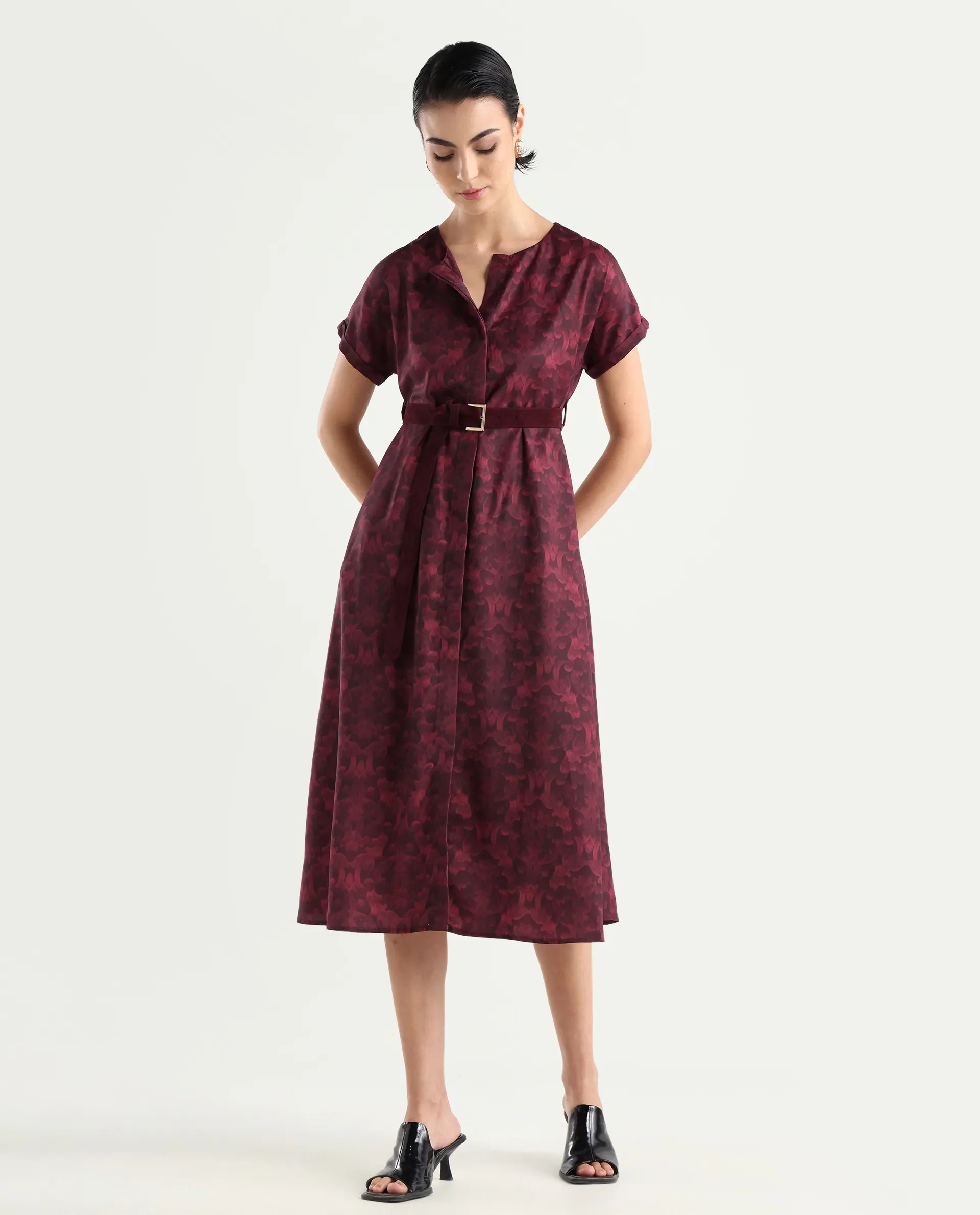 Rareism Women's Mulaani Maroon Satin Round Neck Abstract Print Extended Sleeves Midi A-Line Dress - Image 2