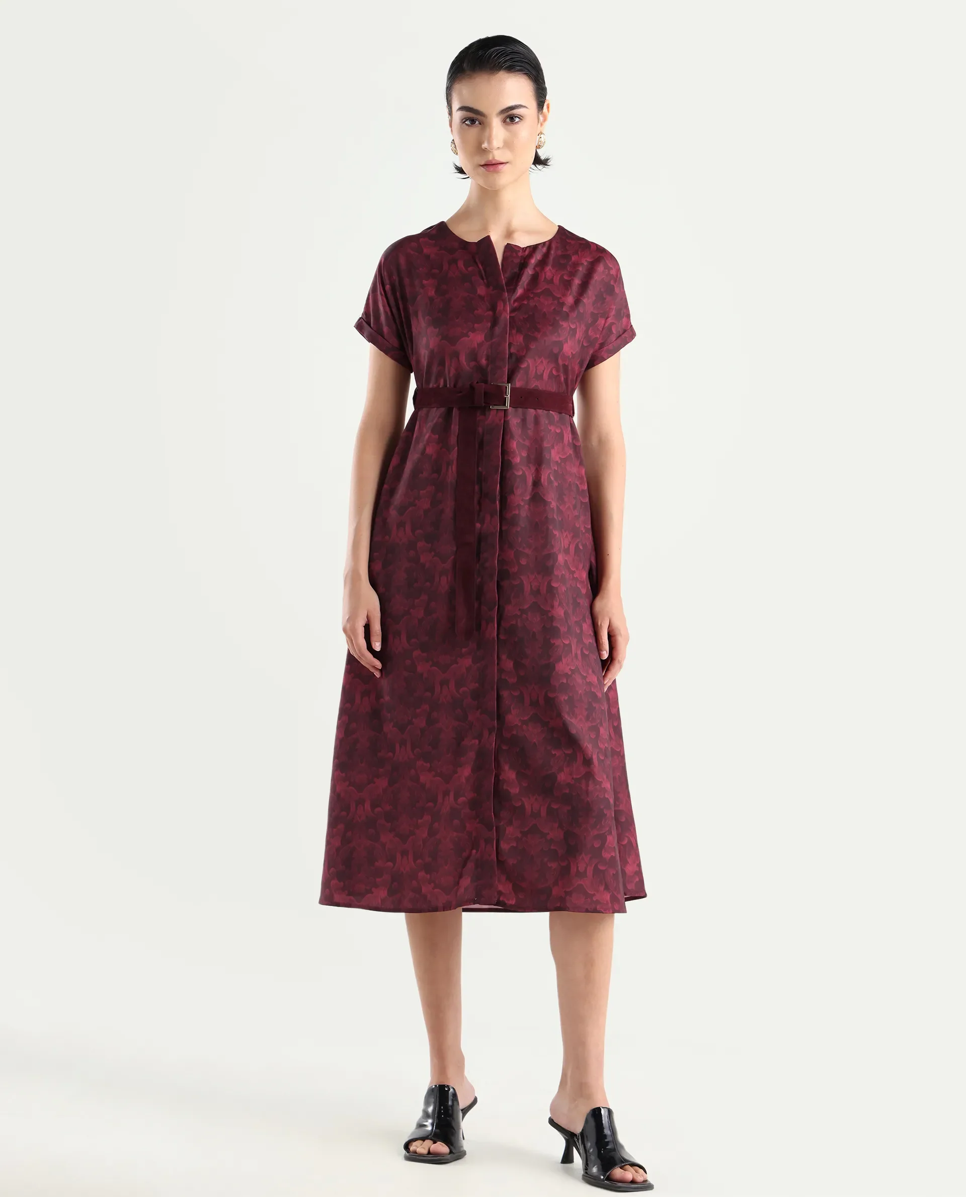 Rareism Women's Mulaani Maroon Satin Round Neck Abstract Print Extended Sleeves Midi A-Line Dress - Image 3