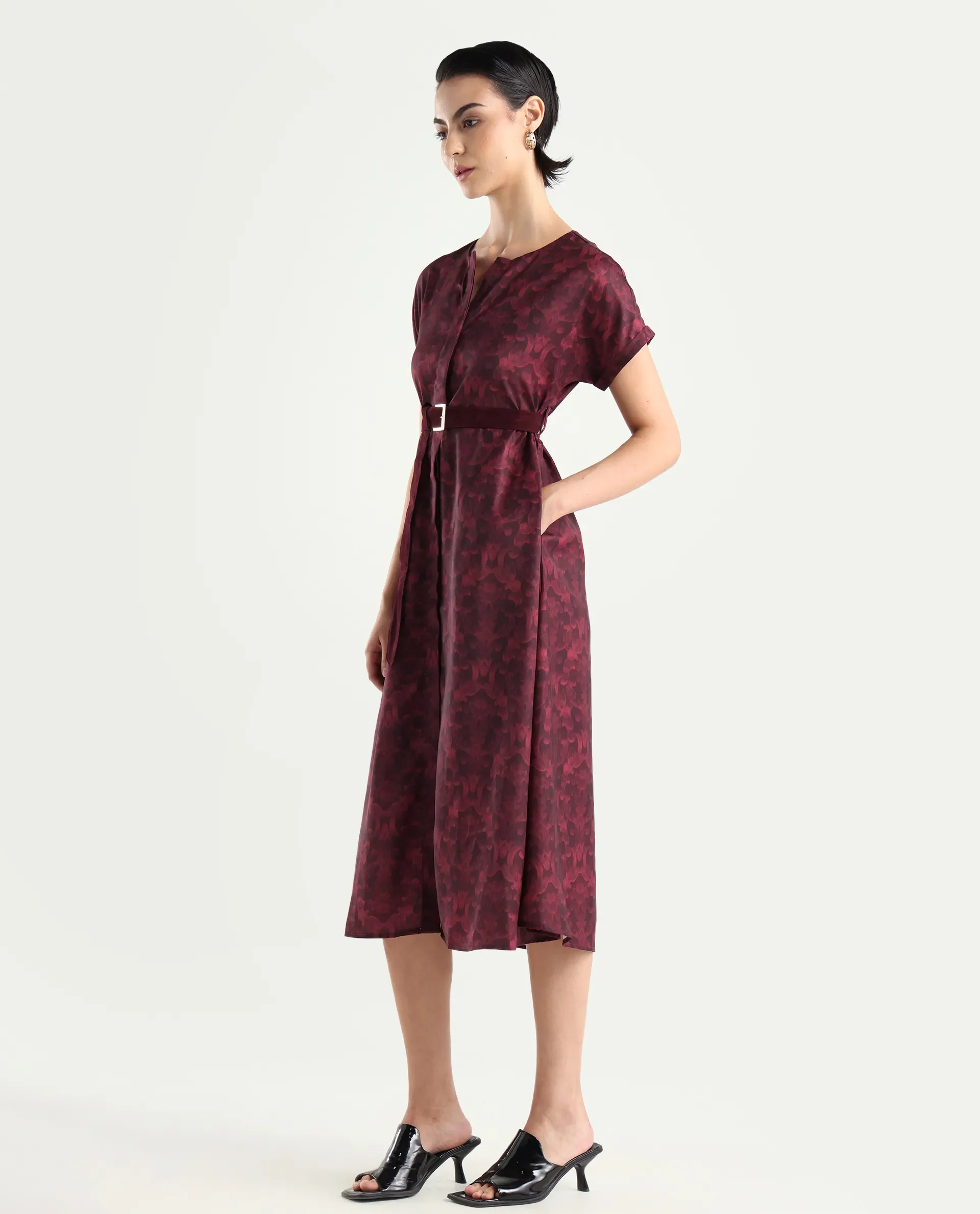 Rareism Women's Mulaani Maroon Satin Round Neck Abstract Print Extended Sleeves Midi A-Line Dress - Image 6