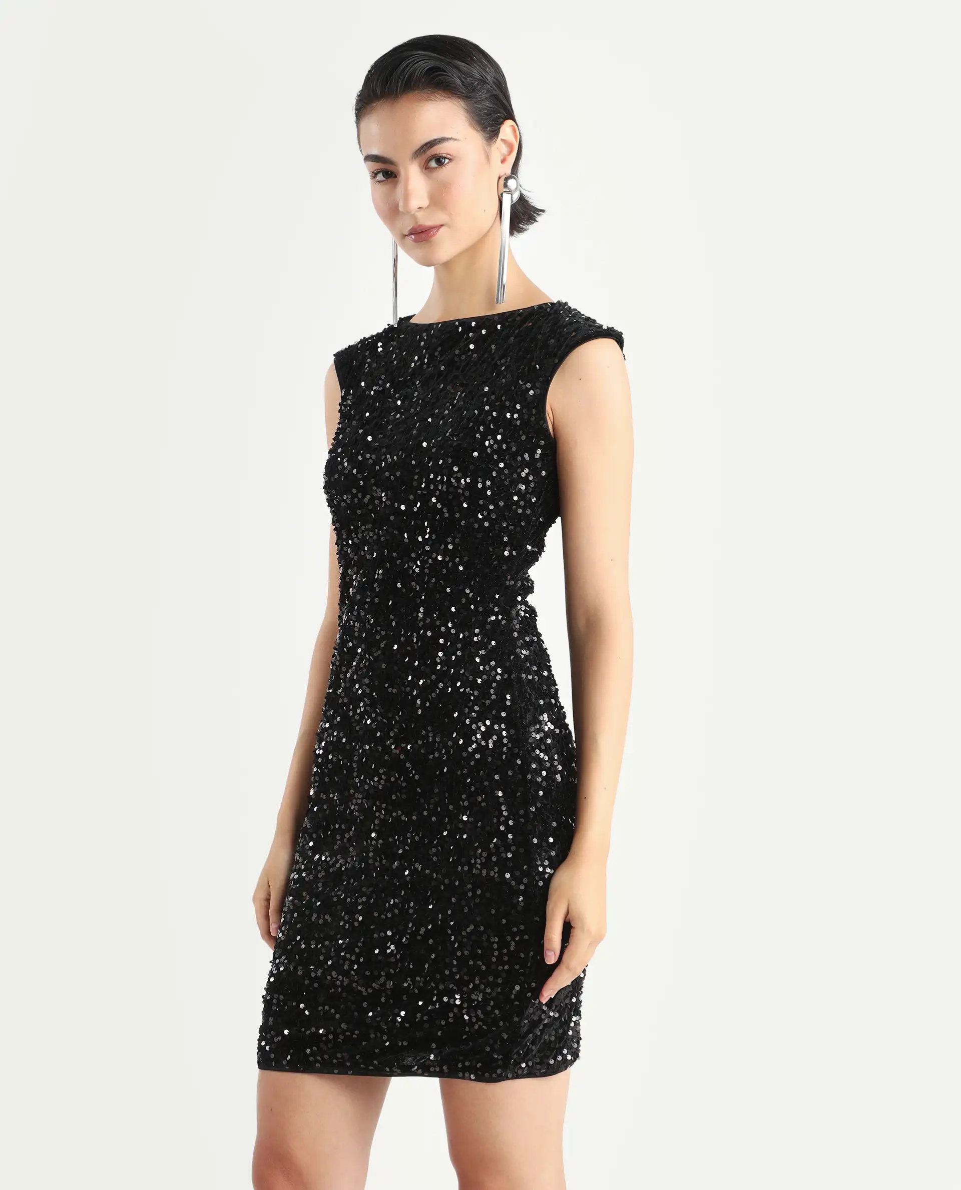 Rareism Women's Mulan Sheen Black Polyester Crew Neck Sequined Extended Sleeves Mini Regular Fit Dress