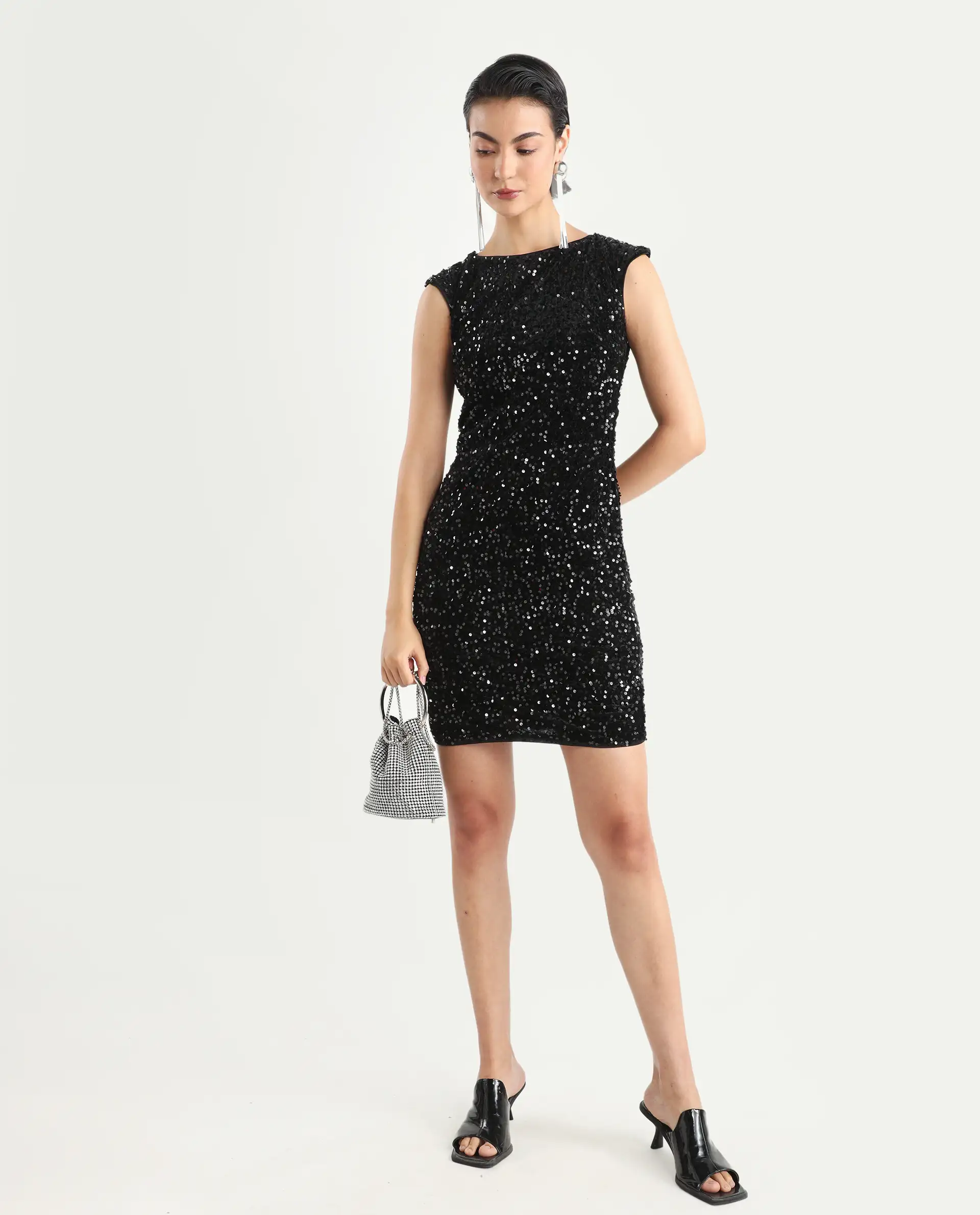 Rareism Women's Mulan Sheen Black Polyester Crew Neck Sequined Extended Sleeves Mini Regular Fit Dress - Image 3