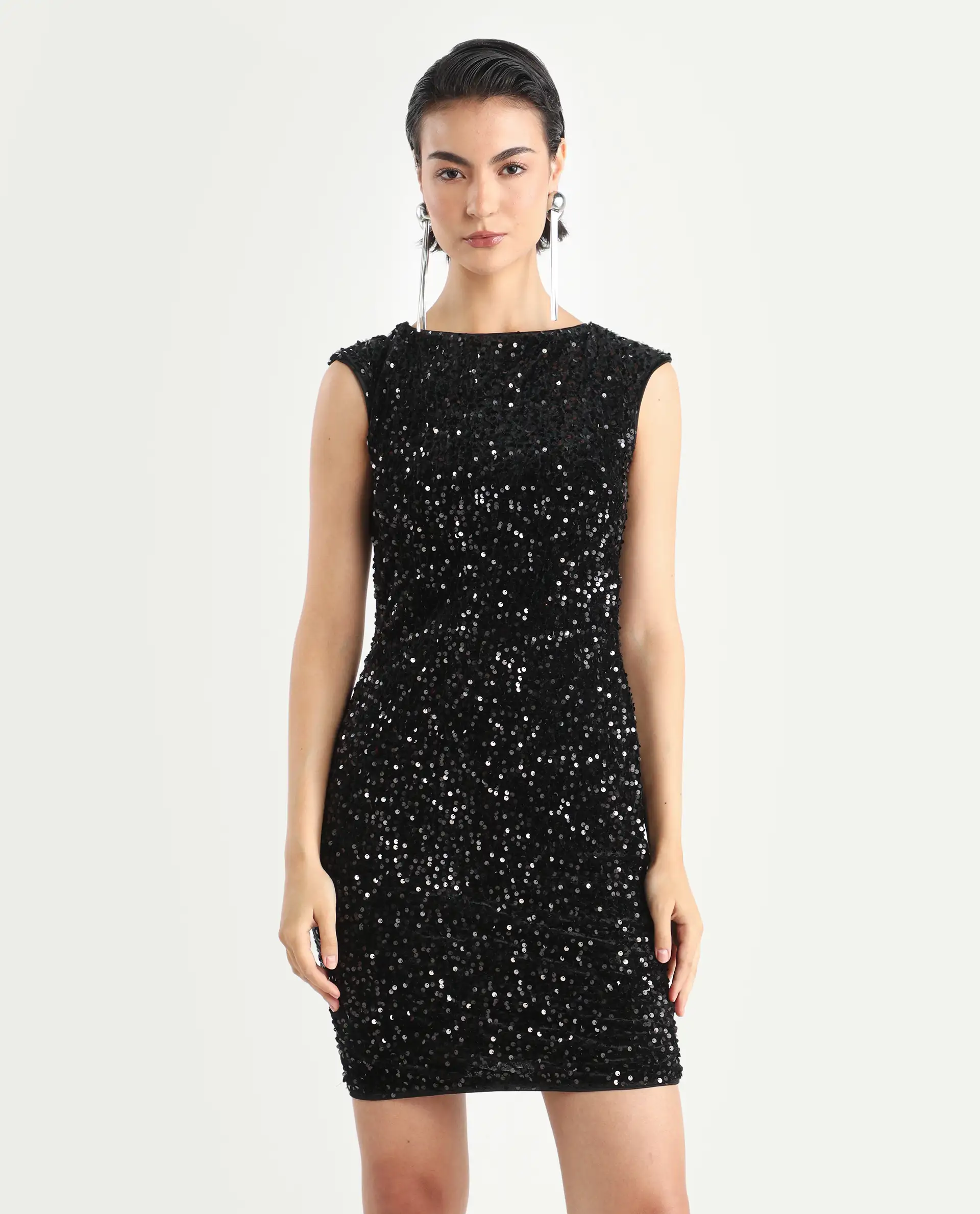 Rareism Women's Mulan Sheen Black Polyester Crew Neck Sequined Extended Sleeves Mini Regular Fit Dress - Image 4