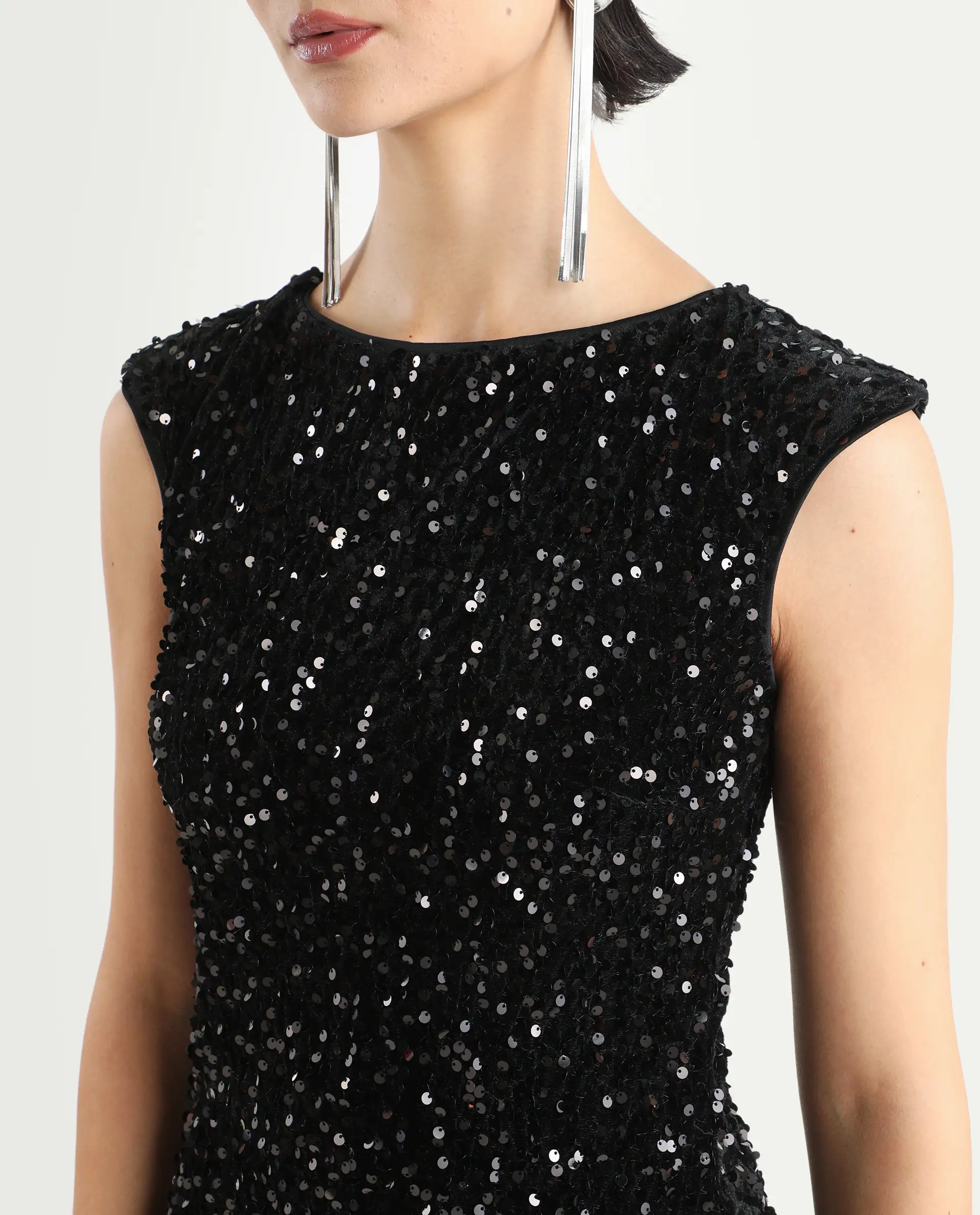Rareism Women's Mulan Sheen Black Polyester Crew Neck Sequined Extended Sleeves Mini Regular Fit Dress - Image 5