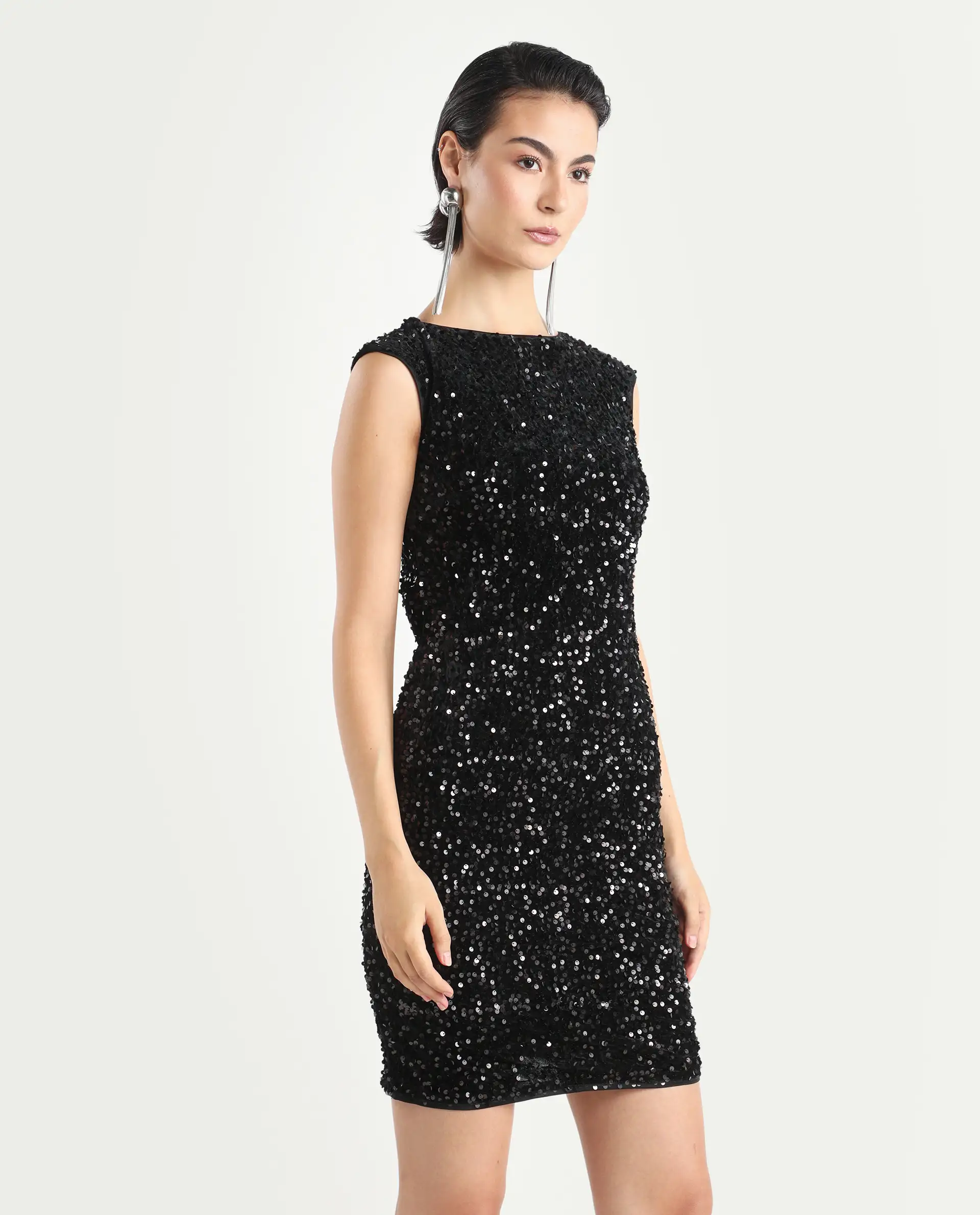 Rareism Women's Mulan Sheen Black Polyester Crew Neck Sequined Extended Sleeves Mini Regular Fit Dress - Image 6