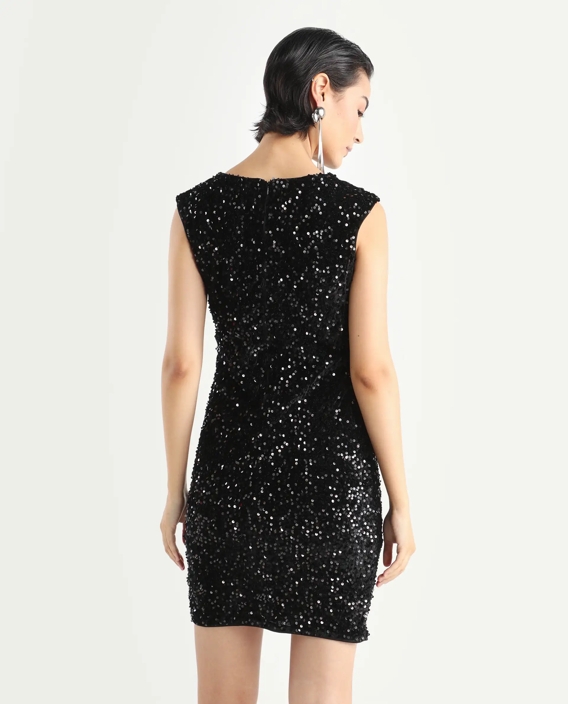 Rareism Women's Mulan Sheen Black Polyester Crew Neck Sequined Extended Sleeves Mini Regular Fit Dress - Image 7