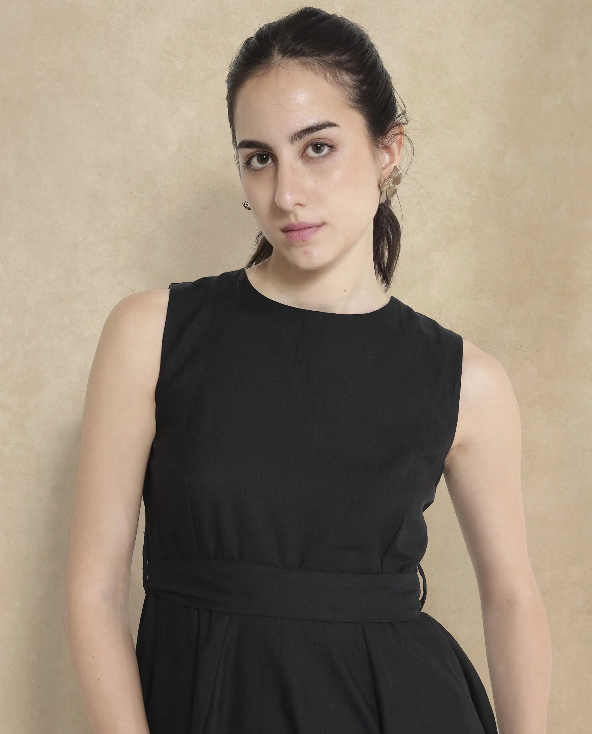 Rareism Women's Mulana Black Polyester Blend Crew Neck Plain Sleeveless Midi Regular Fit Dress - Image 5