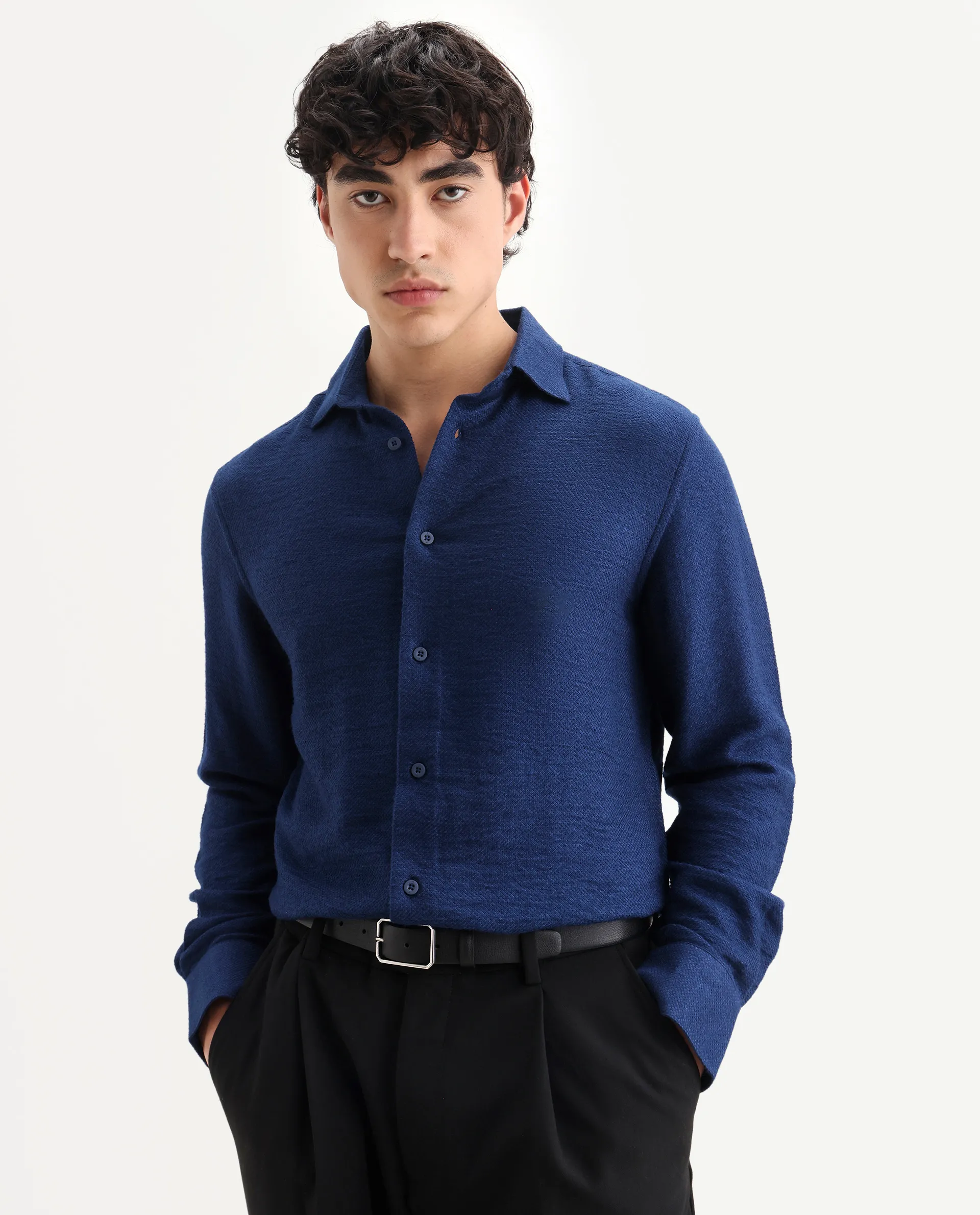 Rare Rabbit Men's Mulfir Blue Viscose Blend Fabric Collared Neck Regular Fit Plain Shirt