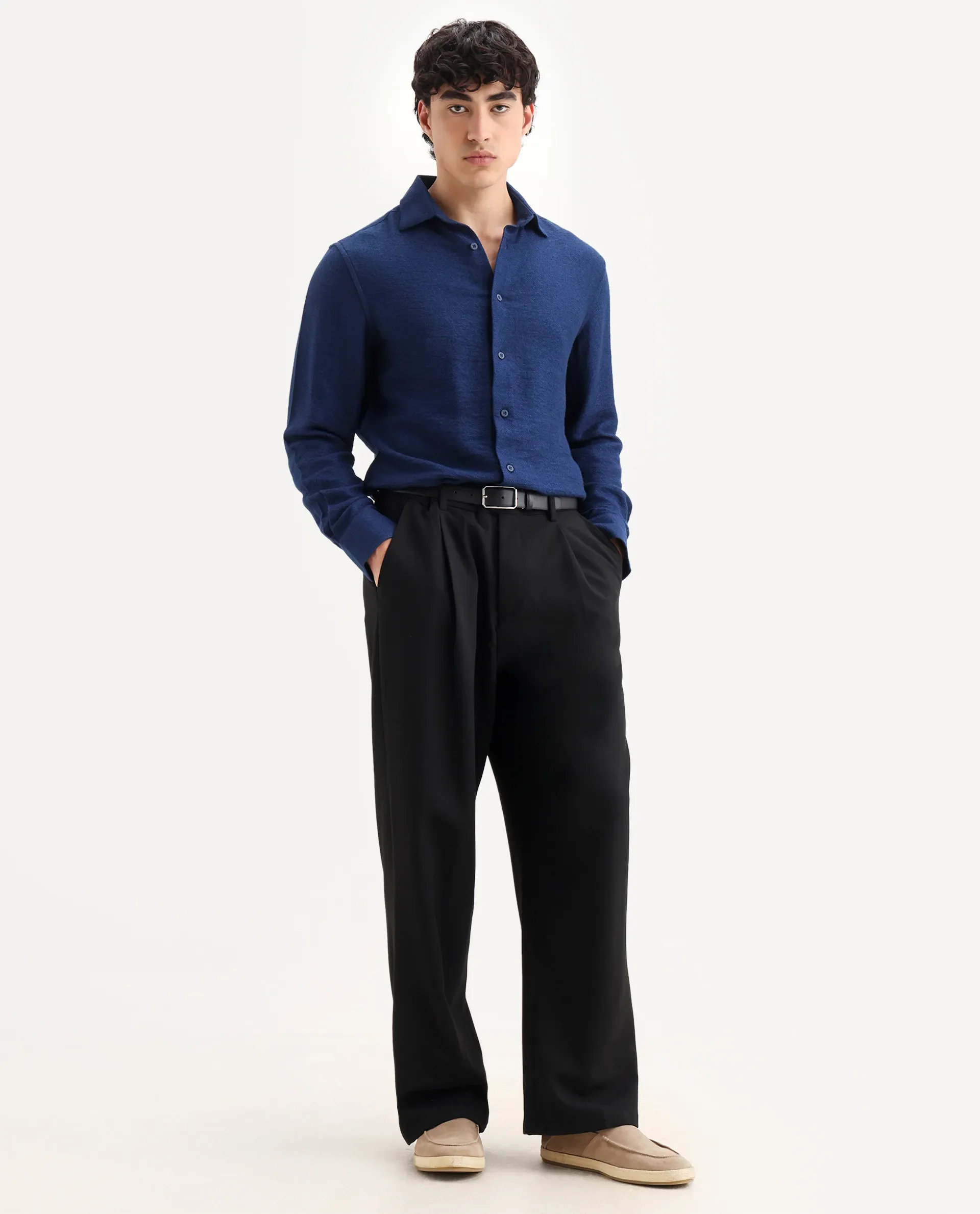 Rare Rabbit Men's Mulfir Blue Viscose Blend Fabric Collared Neck Regular Fit Plain Shirt - Image 2