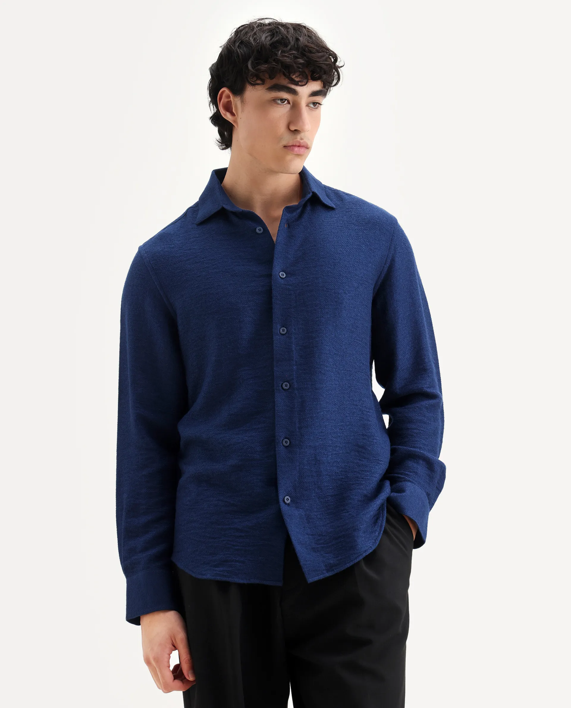 Rare Rabbit Men's Mulfir Blue Viscose Blend Fabric Collared Neck Regular Fit Plain Shirt - Image 4