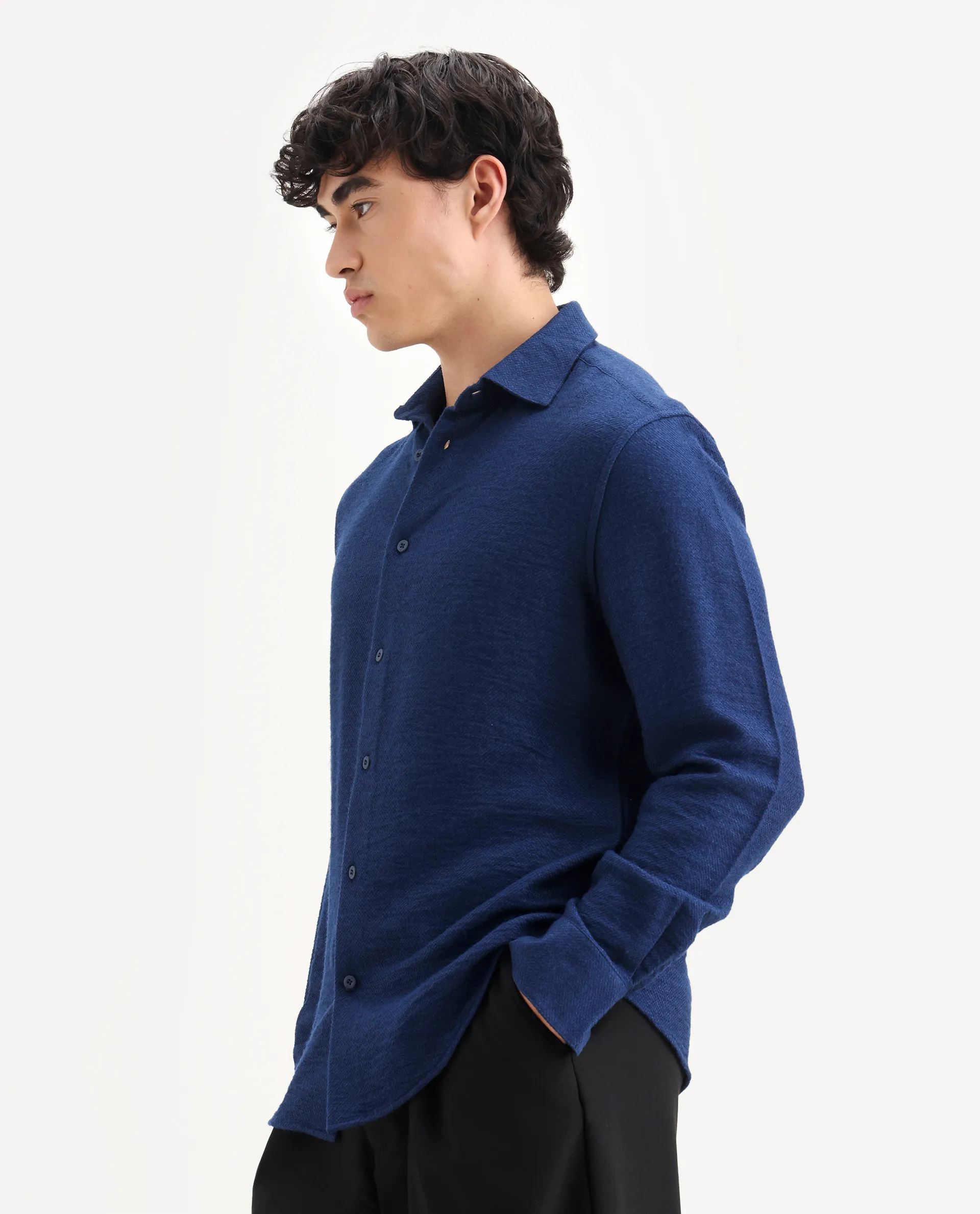 Rare Rabbit Men's Mulfir Blue Viscose Blend Fabric Collared Neck Regular Fit Plain Shirt - Image 5