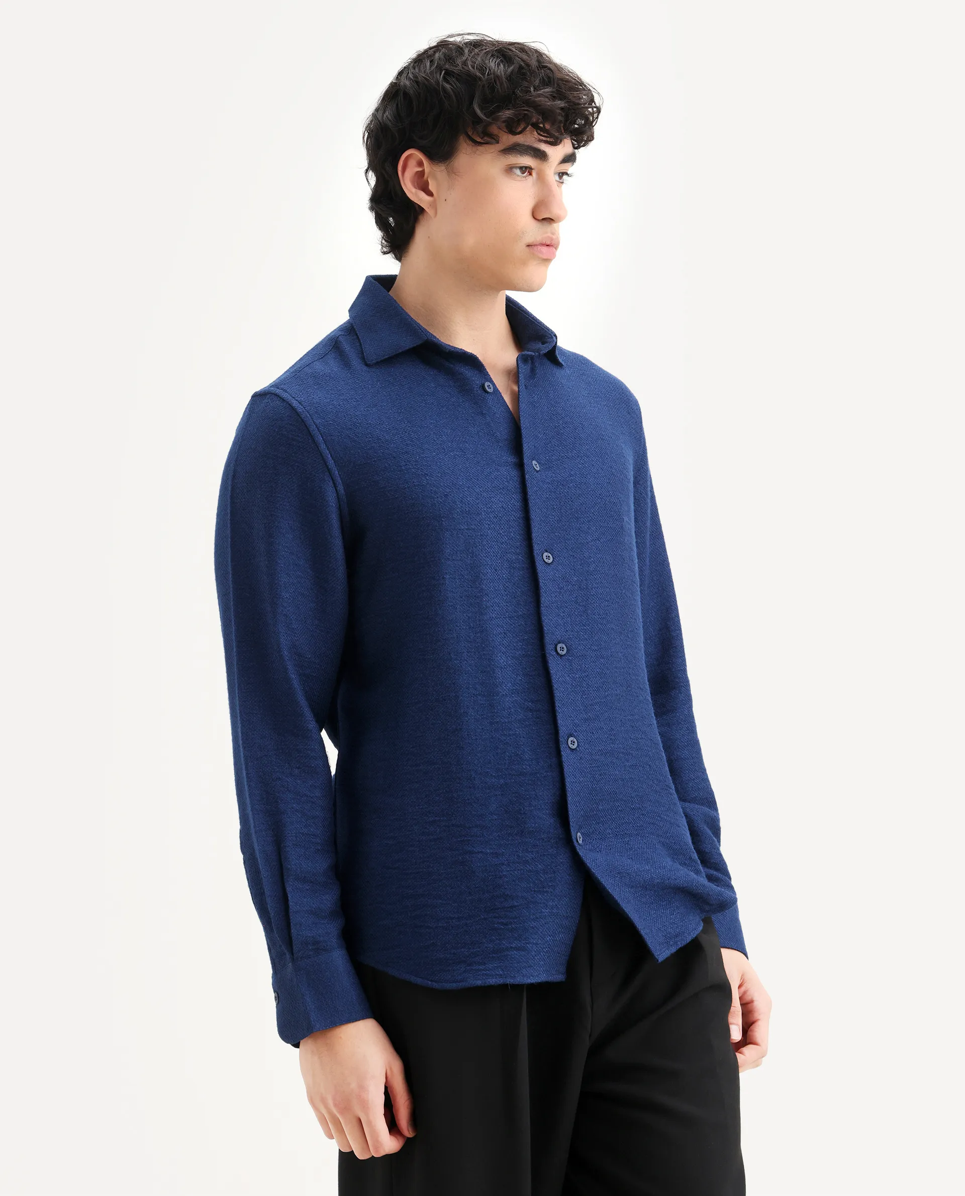 Rare Rabbit Men's Mulfir Blue Viscose Blend Fabric Collared Neck Regular Fit Plain Shirt - Image 6