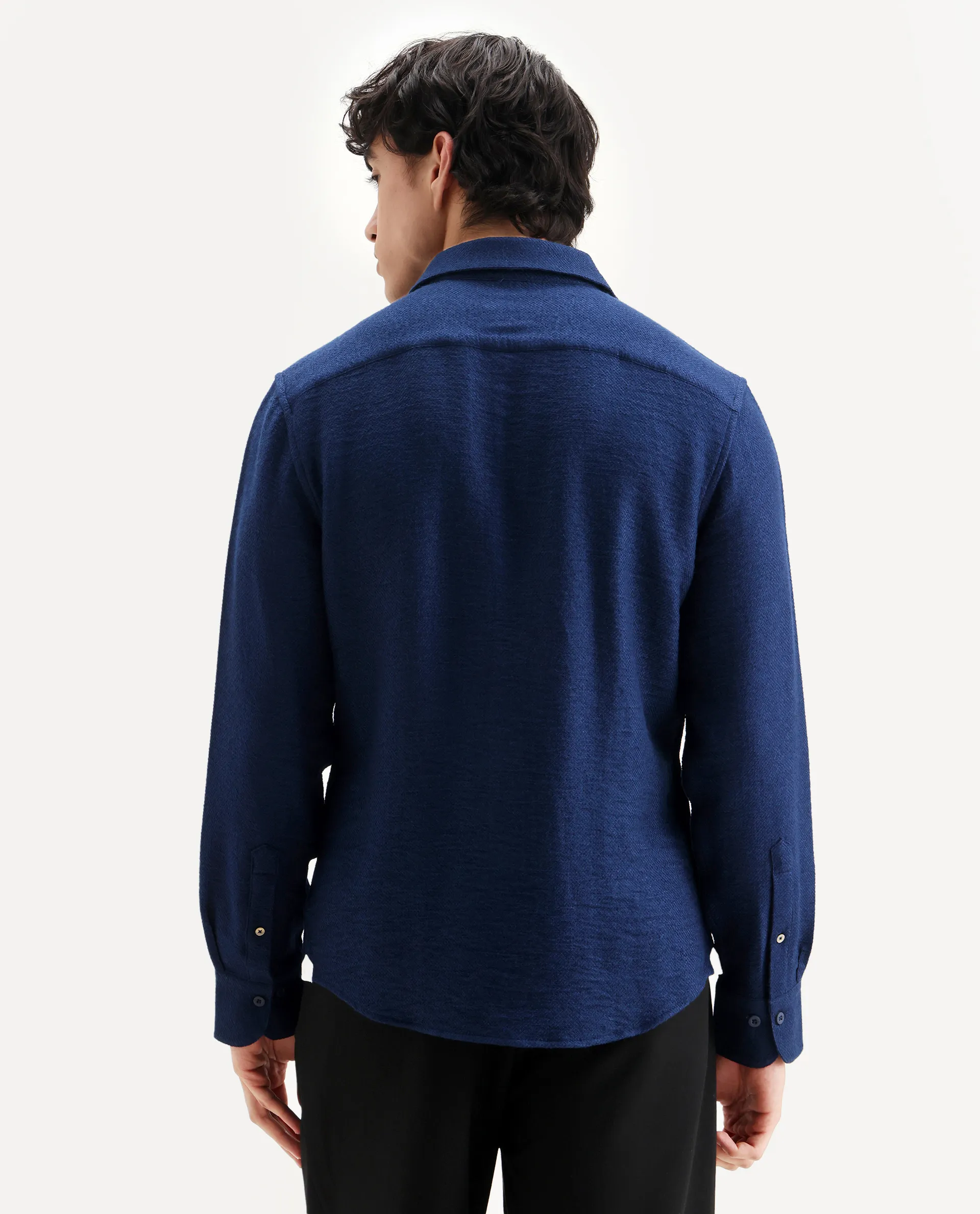Rare Rabbit Men's Mulfir Blue Viscose Blend Fabric Collared Neck Regular Fit Plain Shirt - Image 7