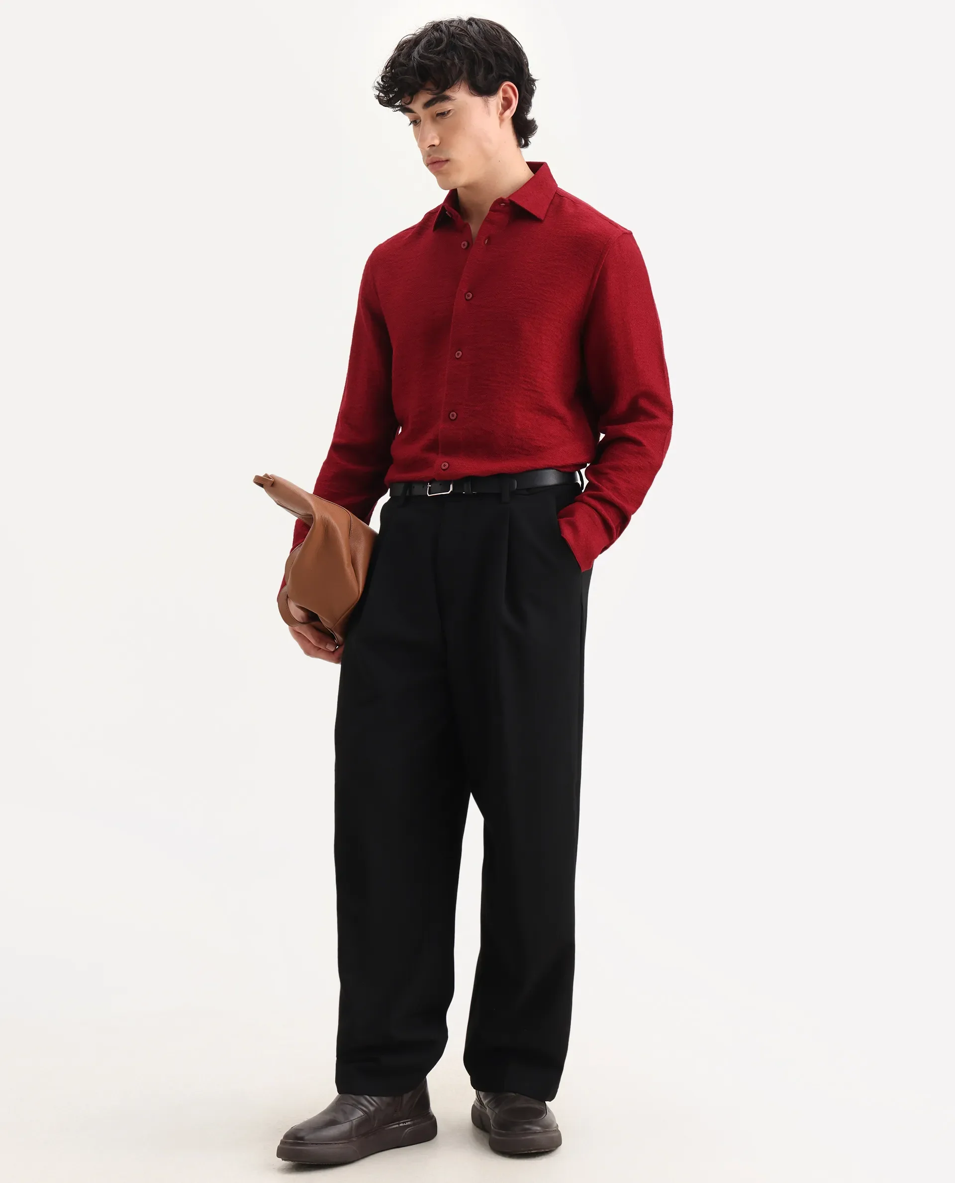Rare Rabbit Men's Mulfir Red Viscose Blend Fabric Collared Neck Regular Fit Plain Shirt - Image 2