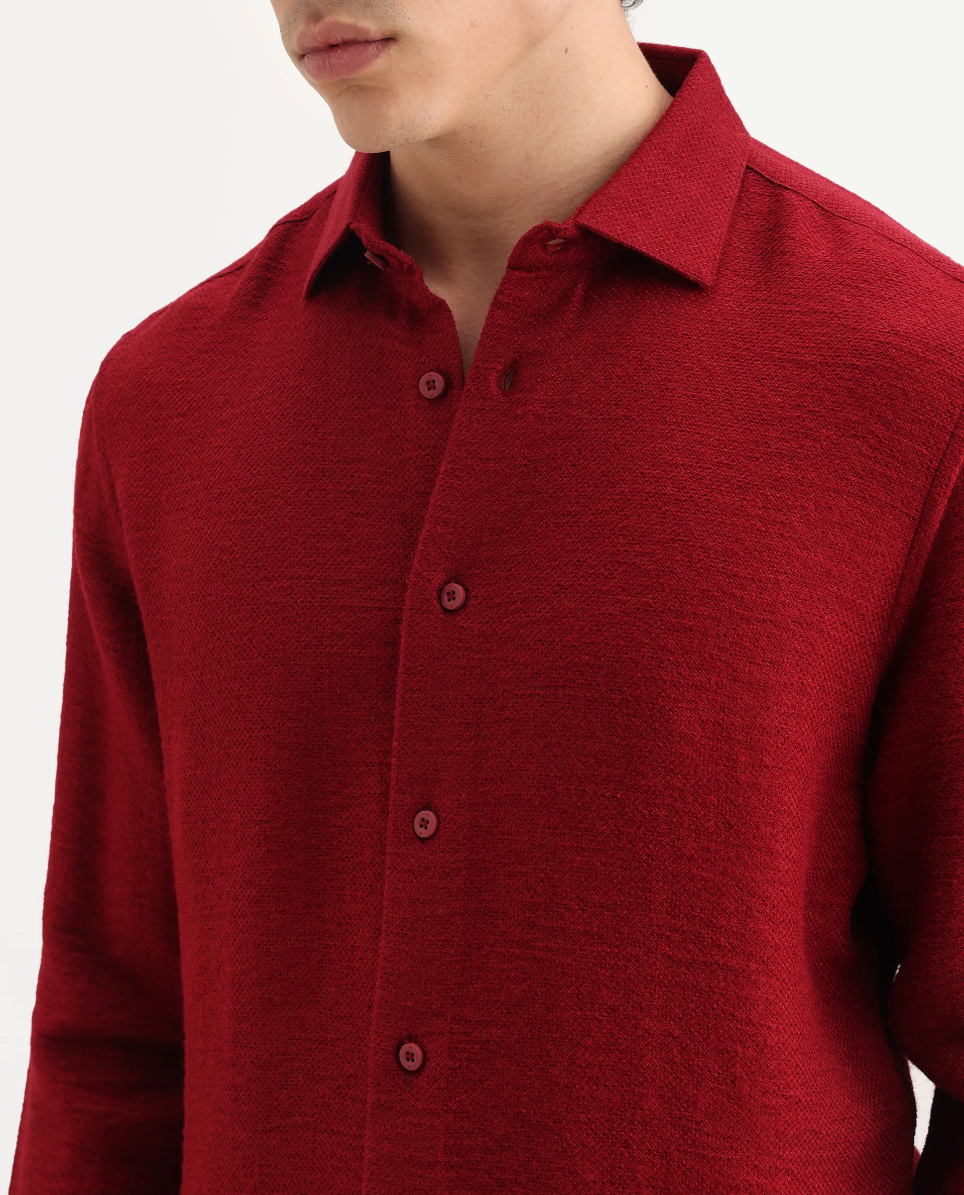 Rare Rabbit Men's Mulfir Red Viscose Blend Fabric Collared Neck Regular Fit Plain Shirt - Image 3
