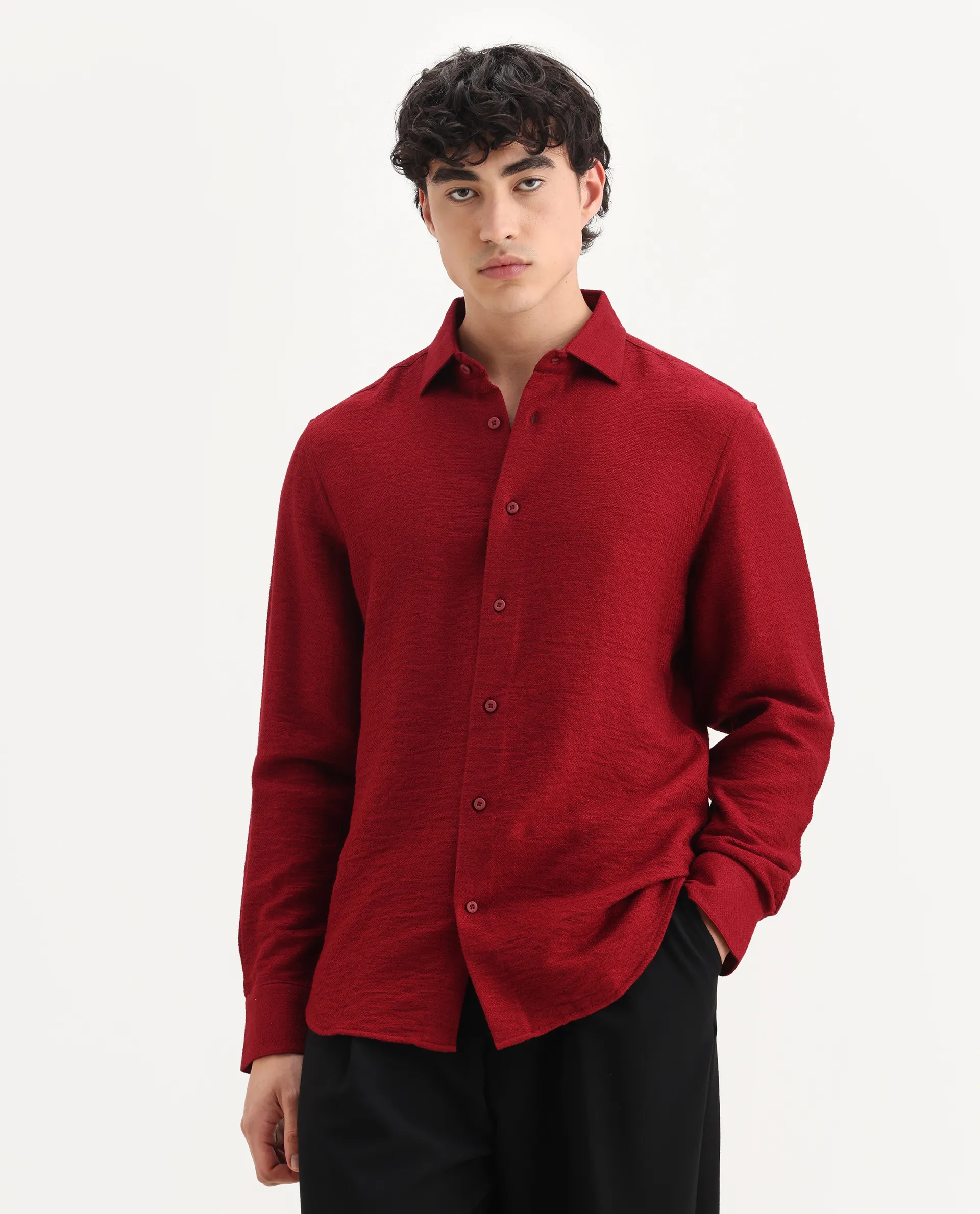 Rare Rabbit Men's Mulfir Red Viscose Blend Fabric Collared Neck Regular Fit Plain Shirt - Image 4