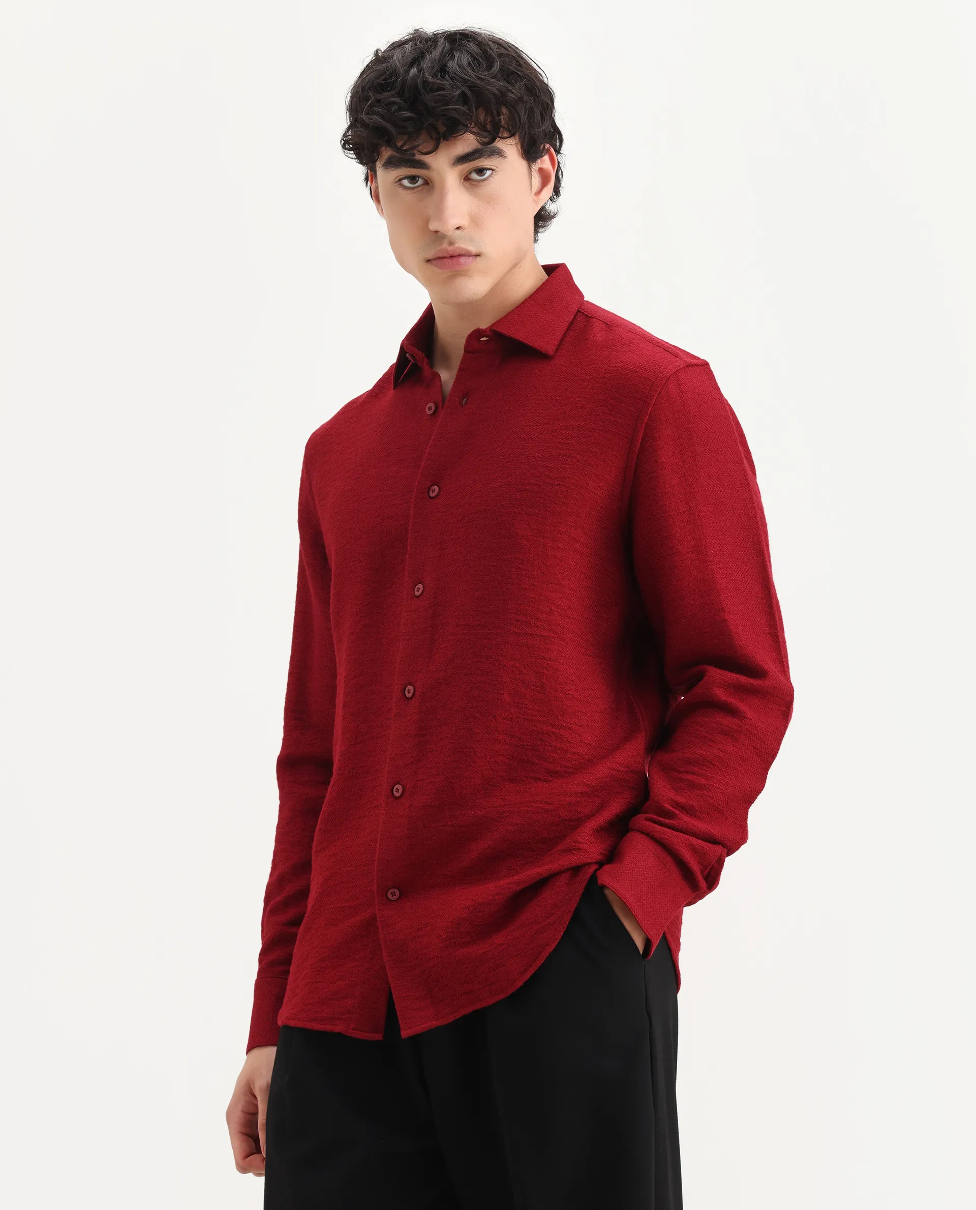 Rare Rabbit Men's Mulfir Red Viscose Blend Fabric Collared Neck Regular Fit Plain Shirt - Image 5
