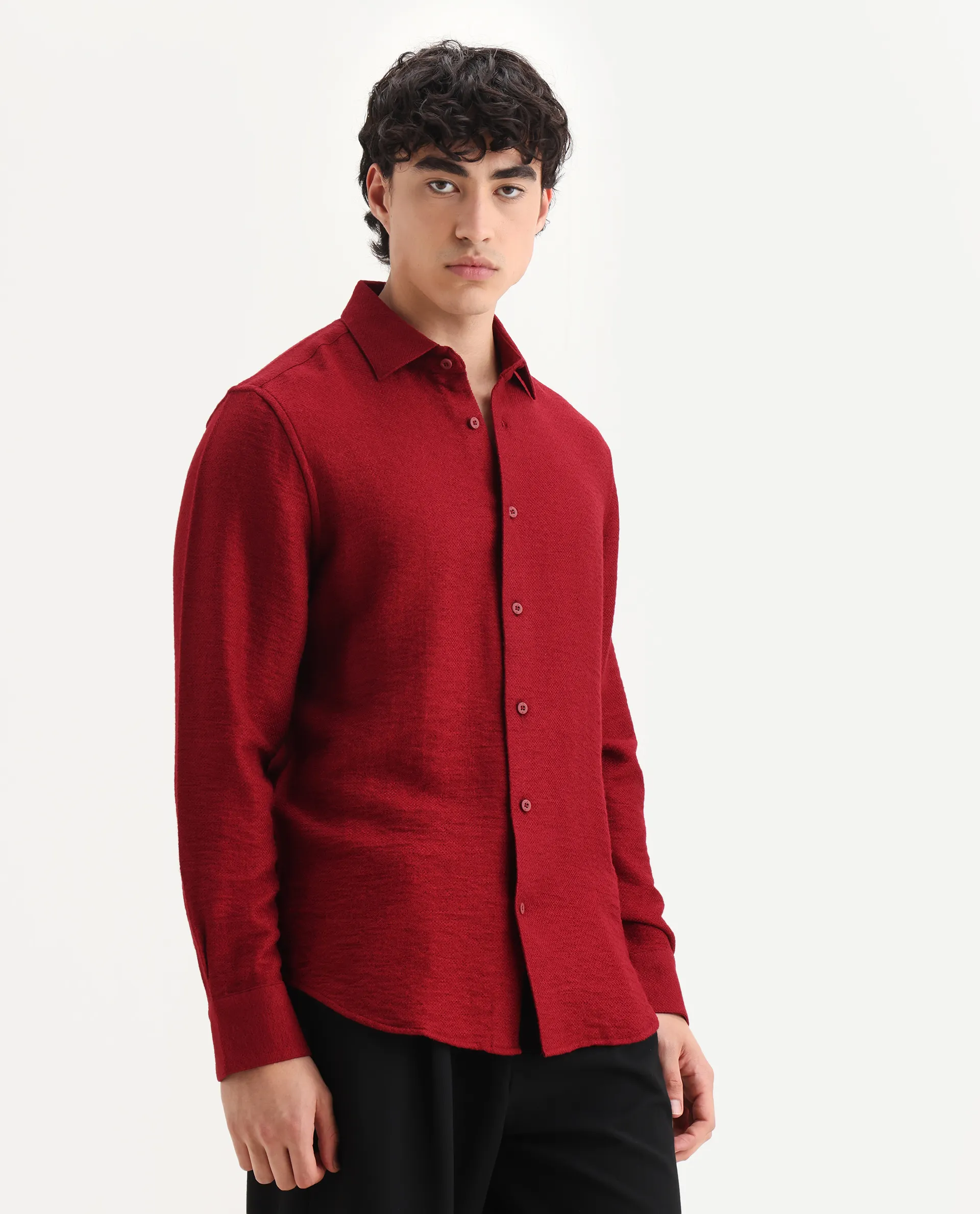 Rare Rabbit Men's Mulfir Red Viscose Blend Fabric Collared Neck Regular Fit Plain Shirt - Image 6