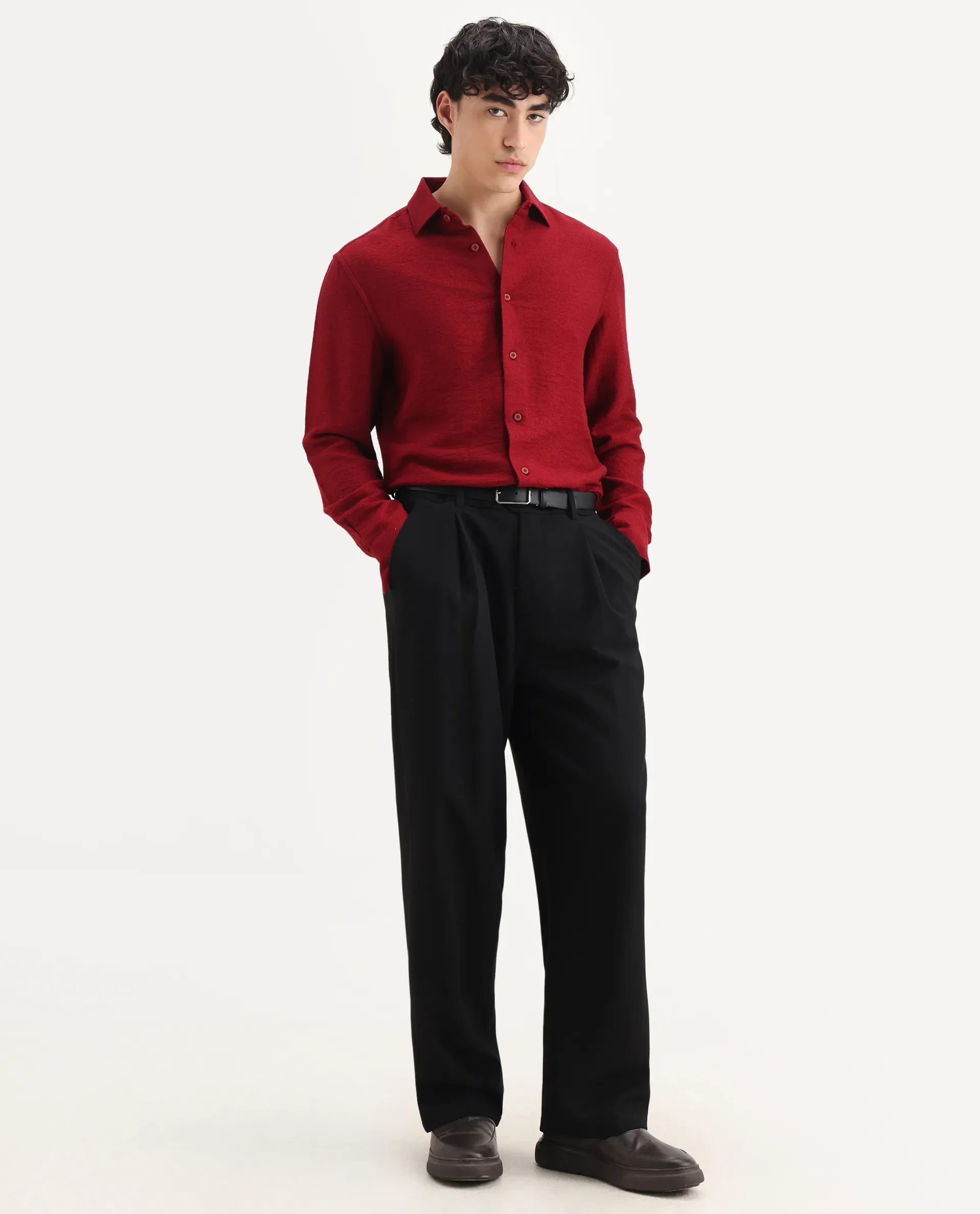 Rare Rabbit Men's Mulfir Red Viscose Blend Fabric Collared Neck Regular Fit Plain Shirt - Image 7