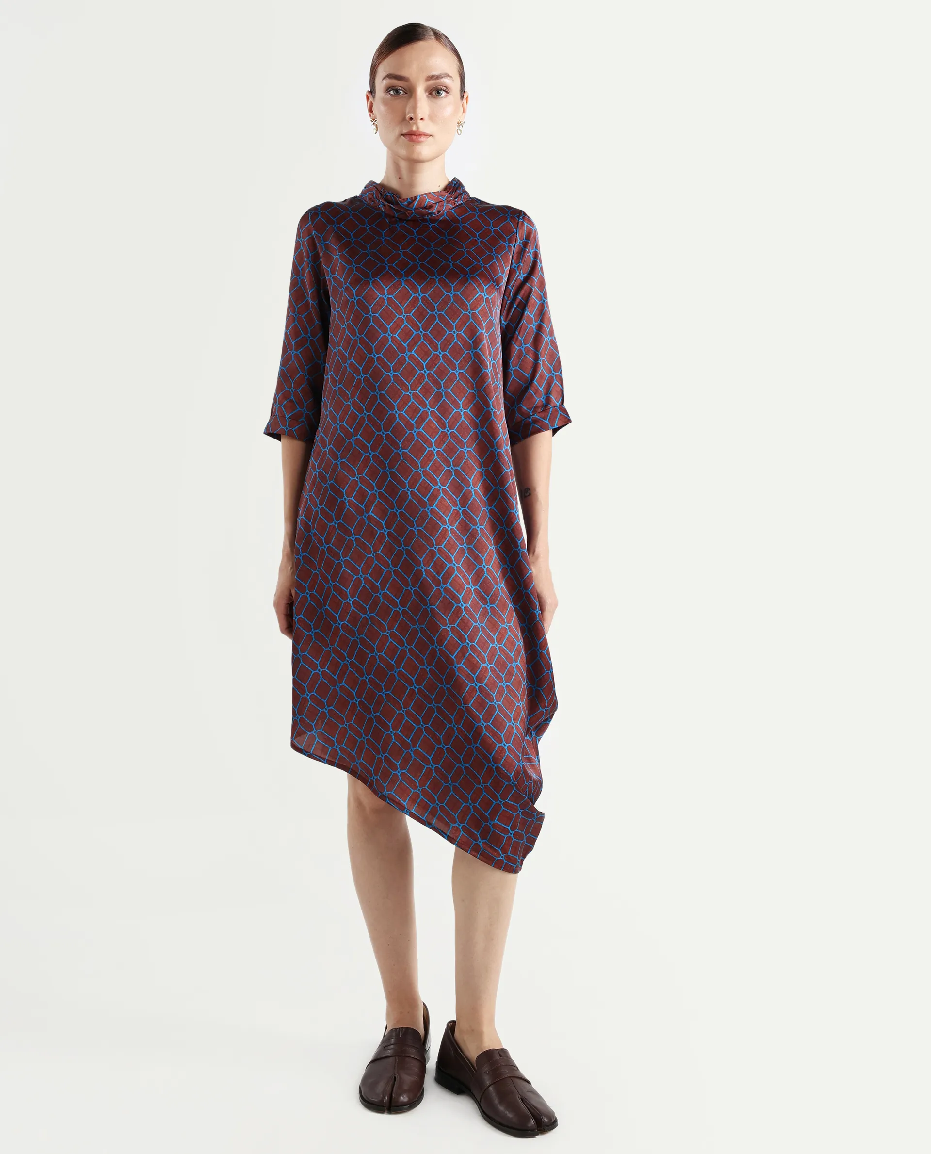 Rareism Women's Mullivio Brown Satin High Neck Geometric Print Midi Relaxed Fit Dress - Image 2