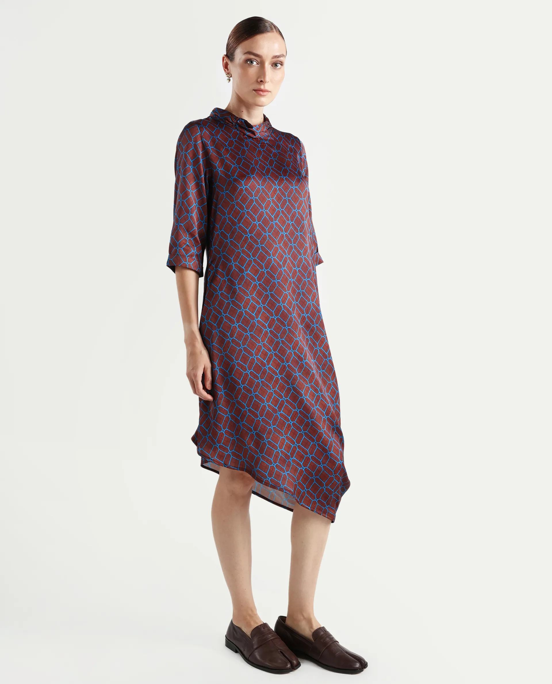 Rareism Women's Mullivio Brown Satin High Neck Geometric Print Midi Relaxed Fit Dress - Image 4