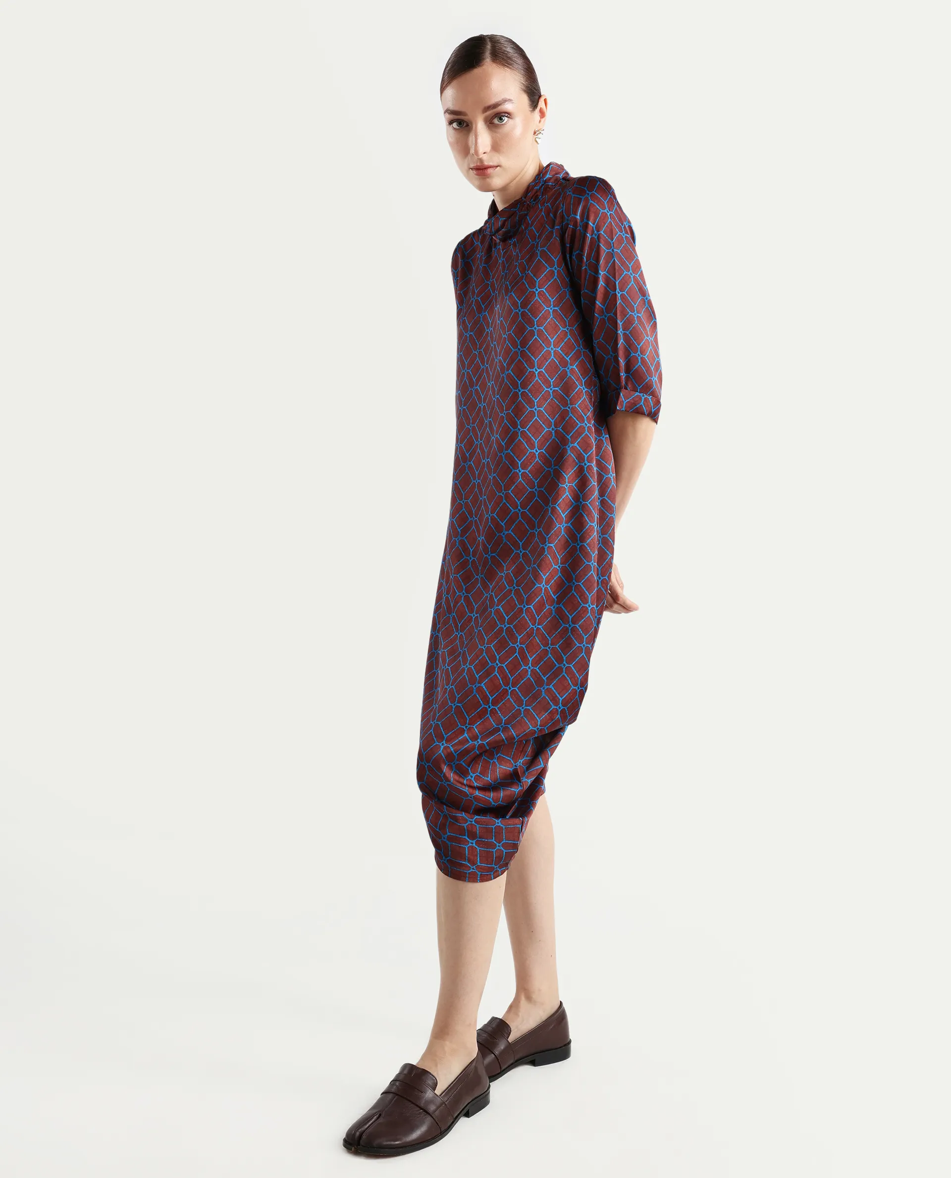 Rareism Women's Mullivio Brown Satin High Neck Geometric Print Midi Relaxed Fit Dress - Image 5