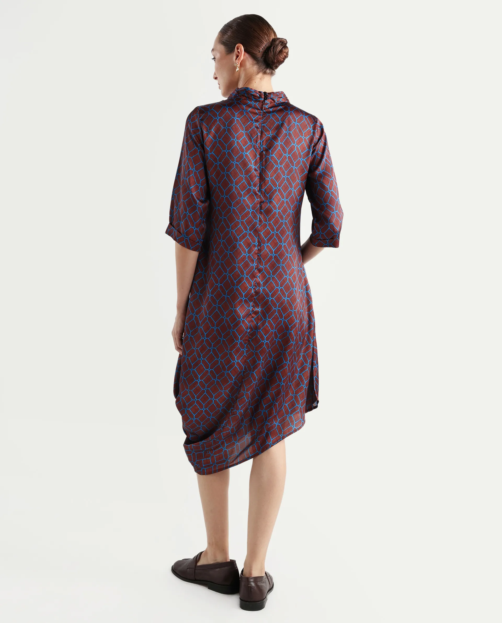 Rareism Women's Mullivio Brown Satin High Neck Geometric Print Midi Relaxed Fit Dress - Image 6