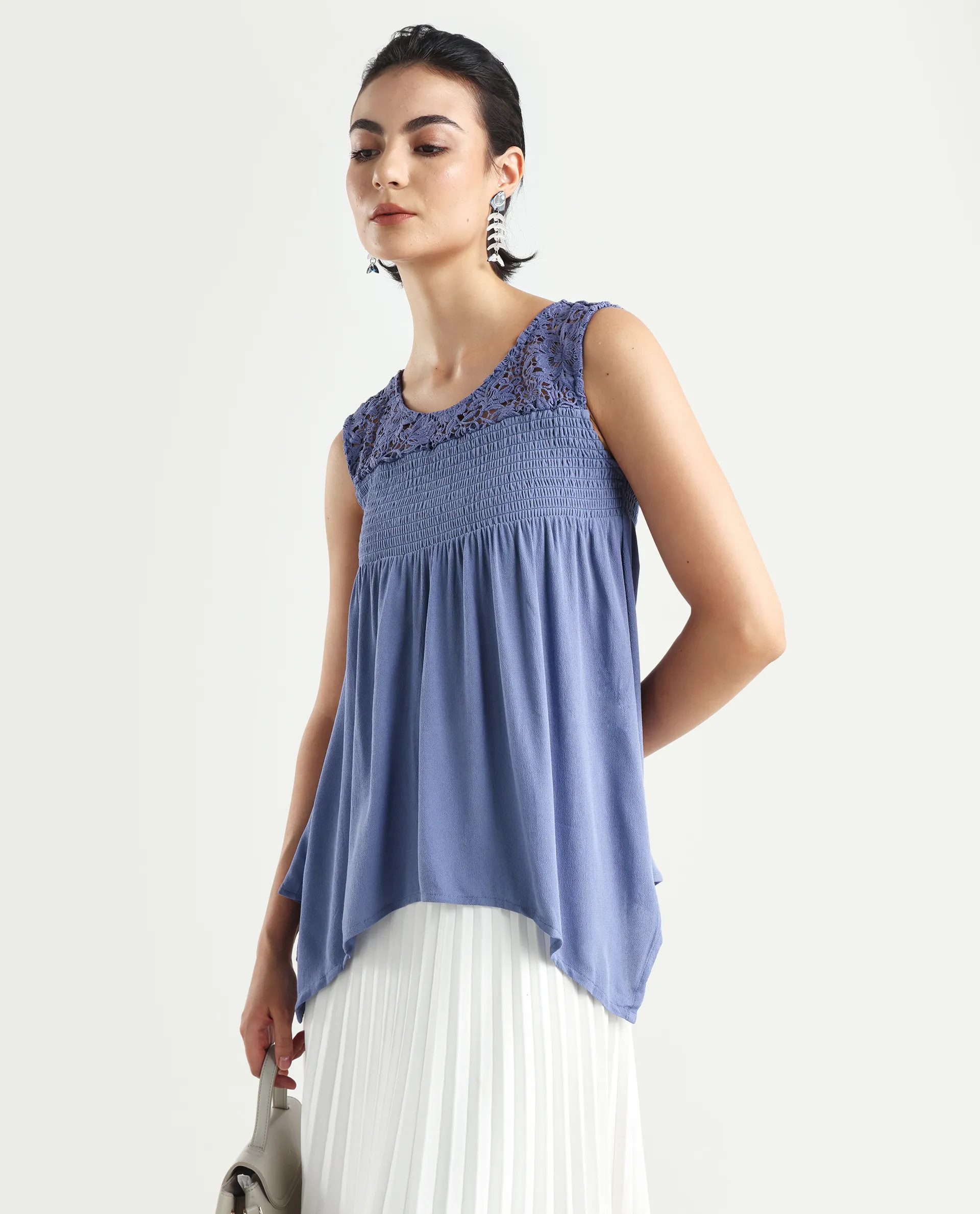 Rareism Women's Mumia Dusky Blue Viscose Blend Crew Neck Plain Sleeveless Regular Fit Top