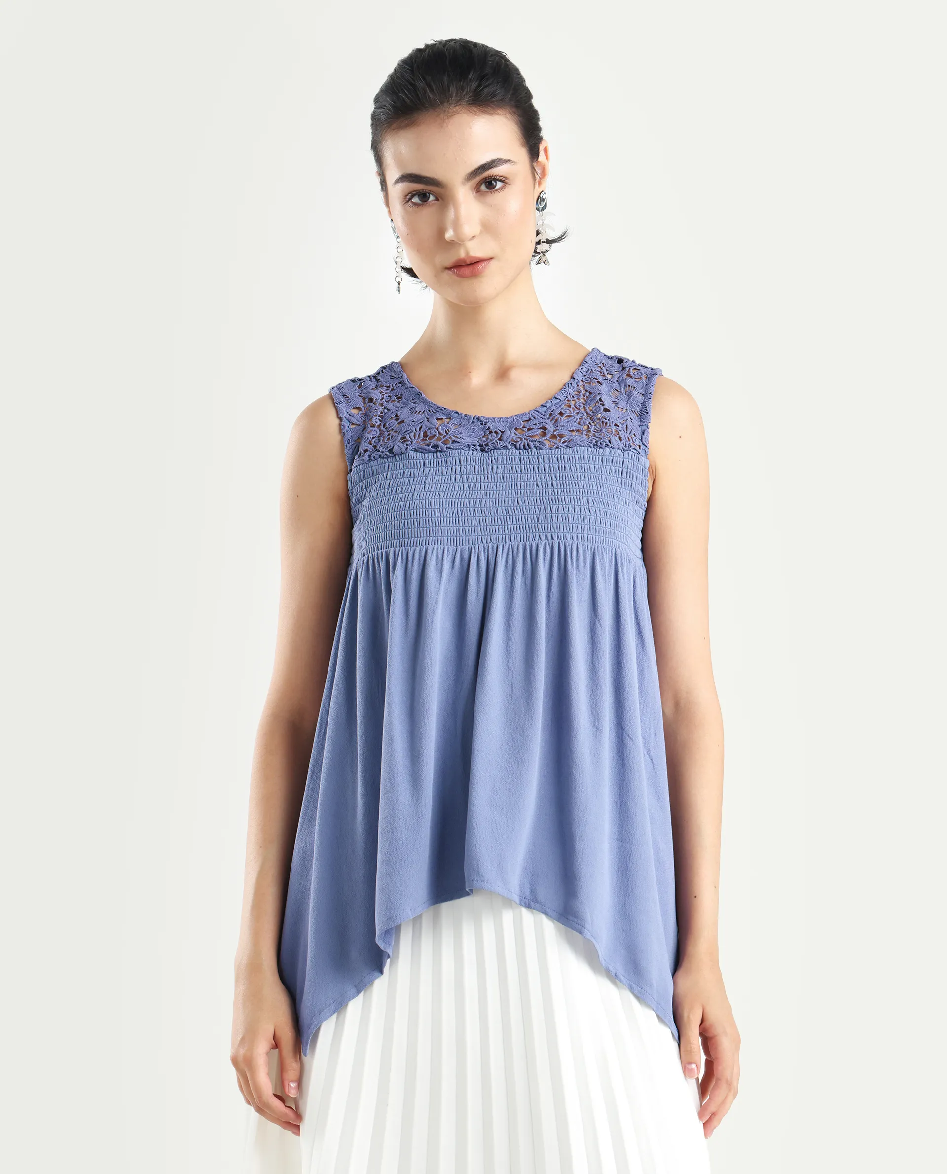 Rareism Women's Mumia Dusky Blue Viscose Blend Crew Neck Plain Sleeveless Regular Fit Top - Image 3