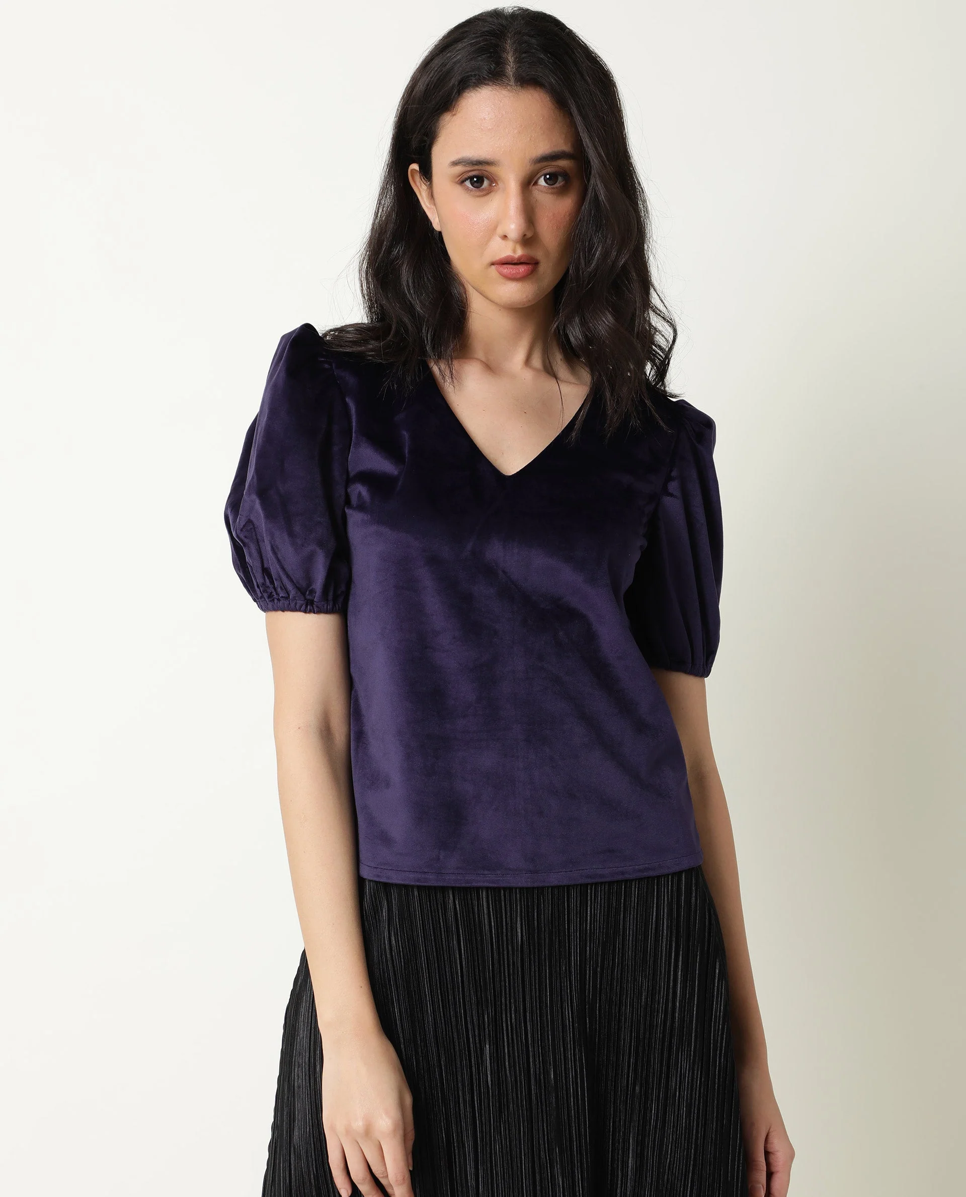 Rareism Women's Mun Navy V-Neck Plain Puff Sleeves Knee Length Regular Fit Top - Image 4
