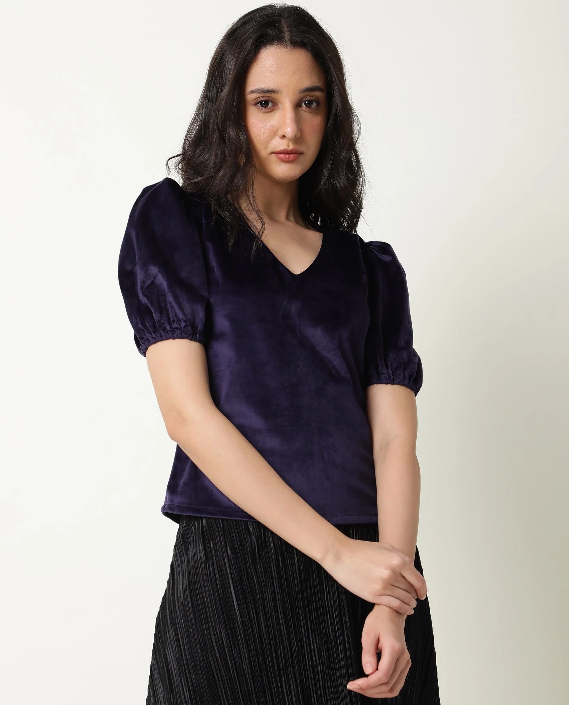 Rareism Women's Mun Navy V-Neck Plain Puff Sleeves Knee Length Regular Fit Top - Image 5