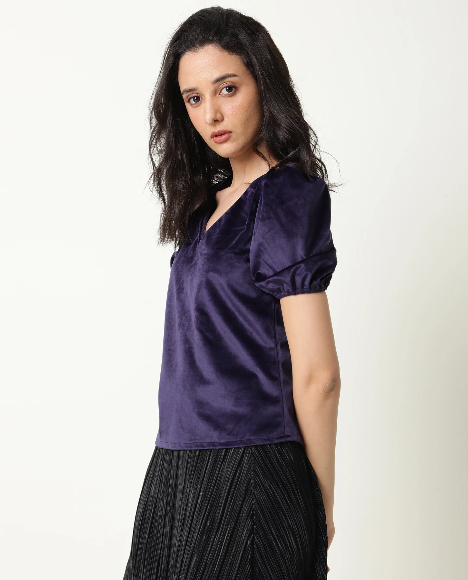 Rareism Women's Mun Navy V-Neck Plain Puff Sleeves Knee Length Regular Fit Top - Image 6