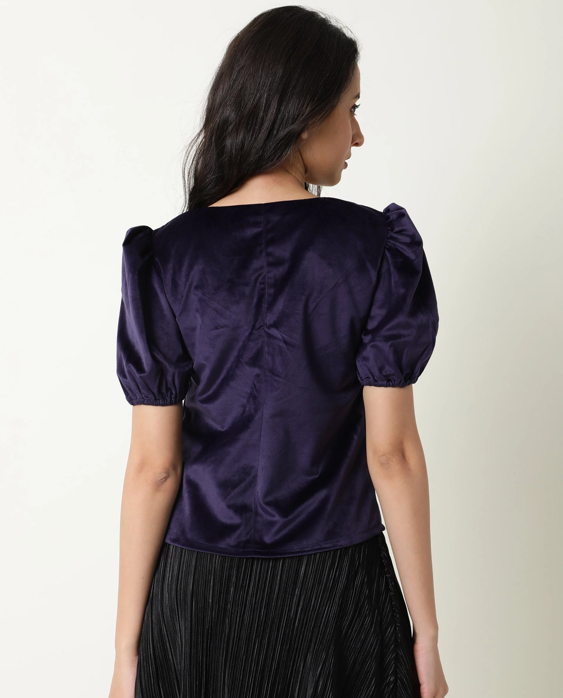Rareism Women's Mun Navy V-Neck Plain Puff Sleeves Knee Length Regular Fit Top - Image 7