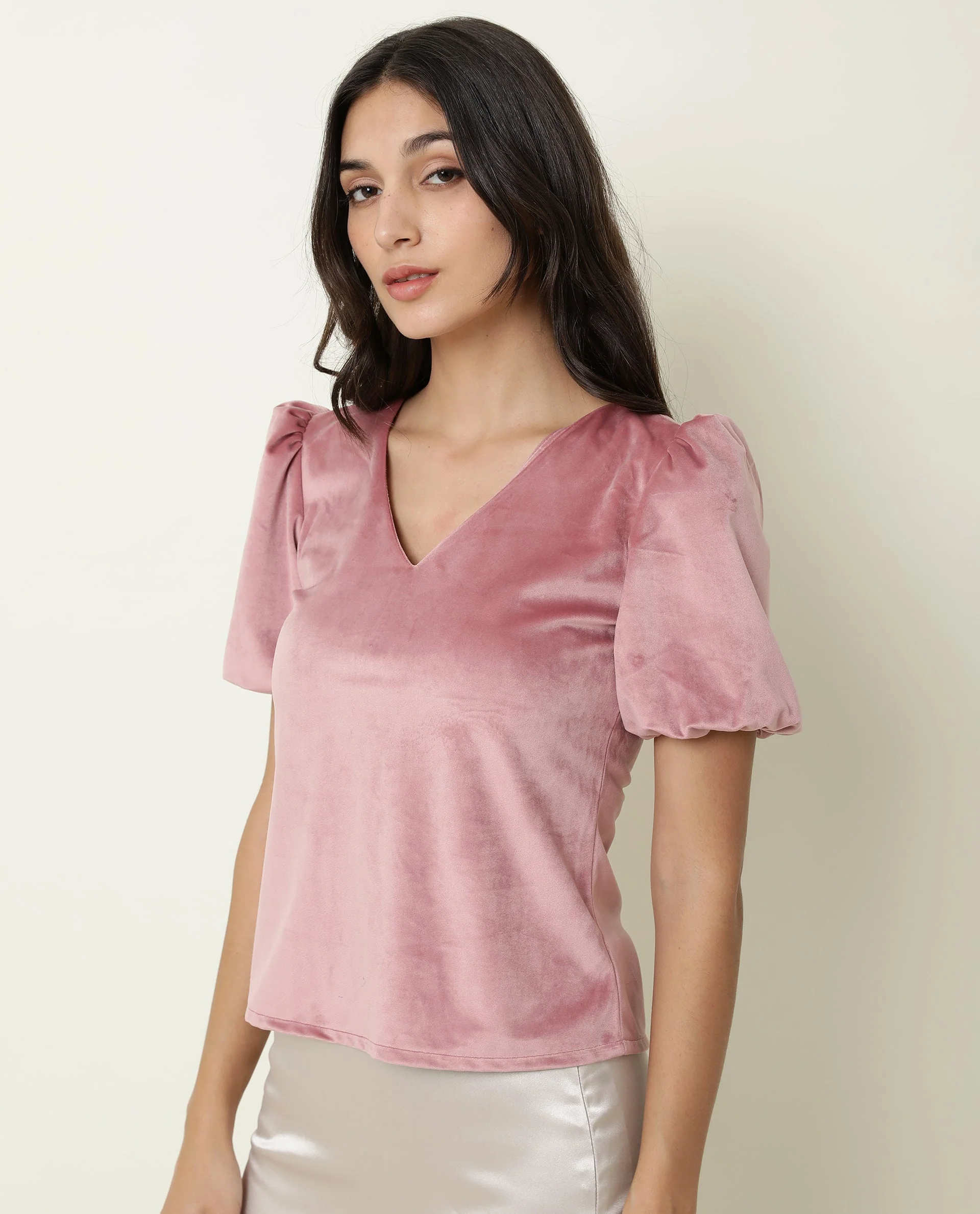 Rareism Women's Mun Pink Velvet V-Neck Plain Cuffed Sleeve Crop Regular Fit Top - Image 5