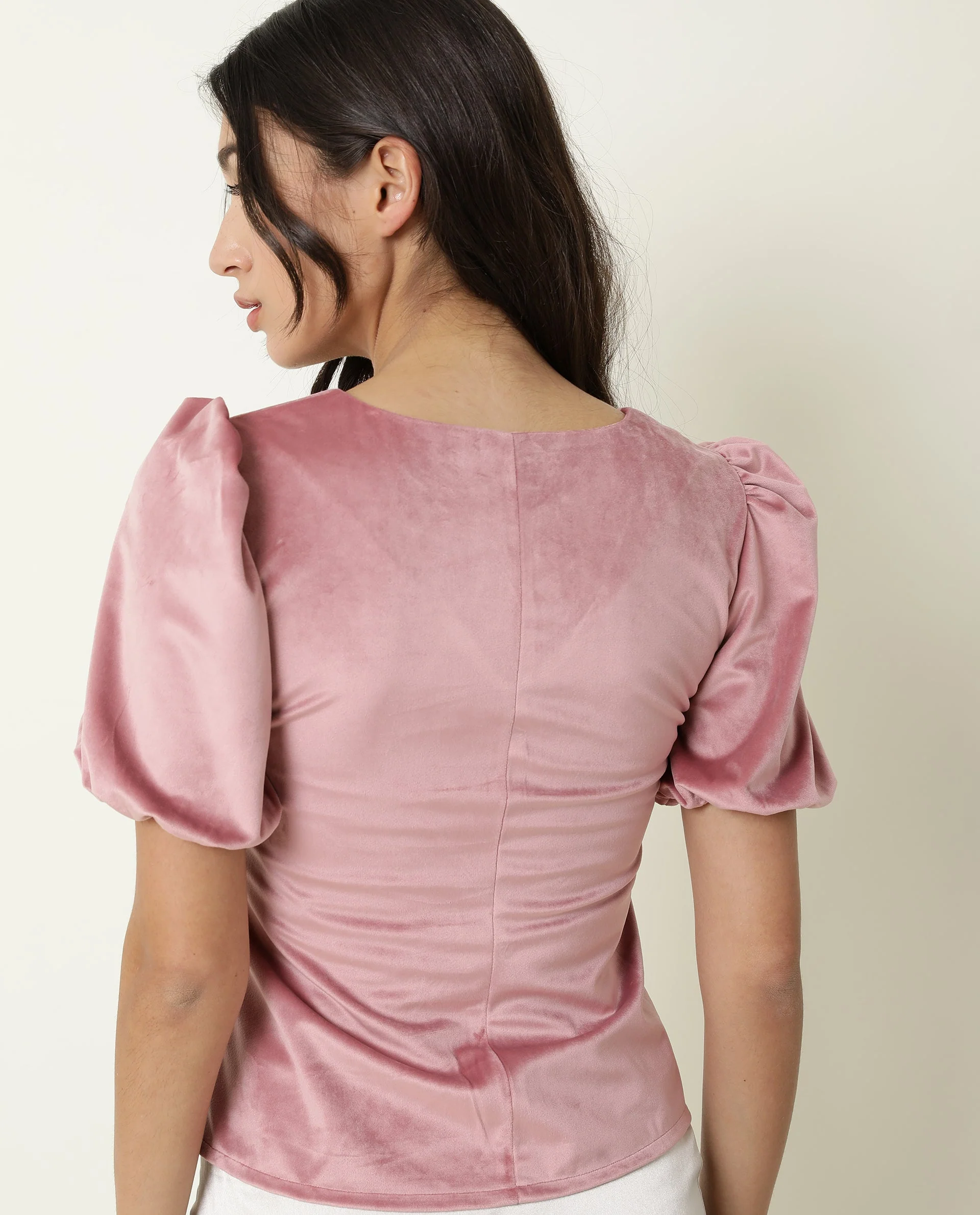 Rareism Women's Mun Pink Velvet V-Neck Plain Cuffed Sleeve Crop Regular Fit Top - Image 7