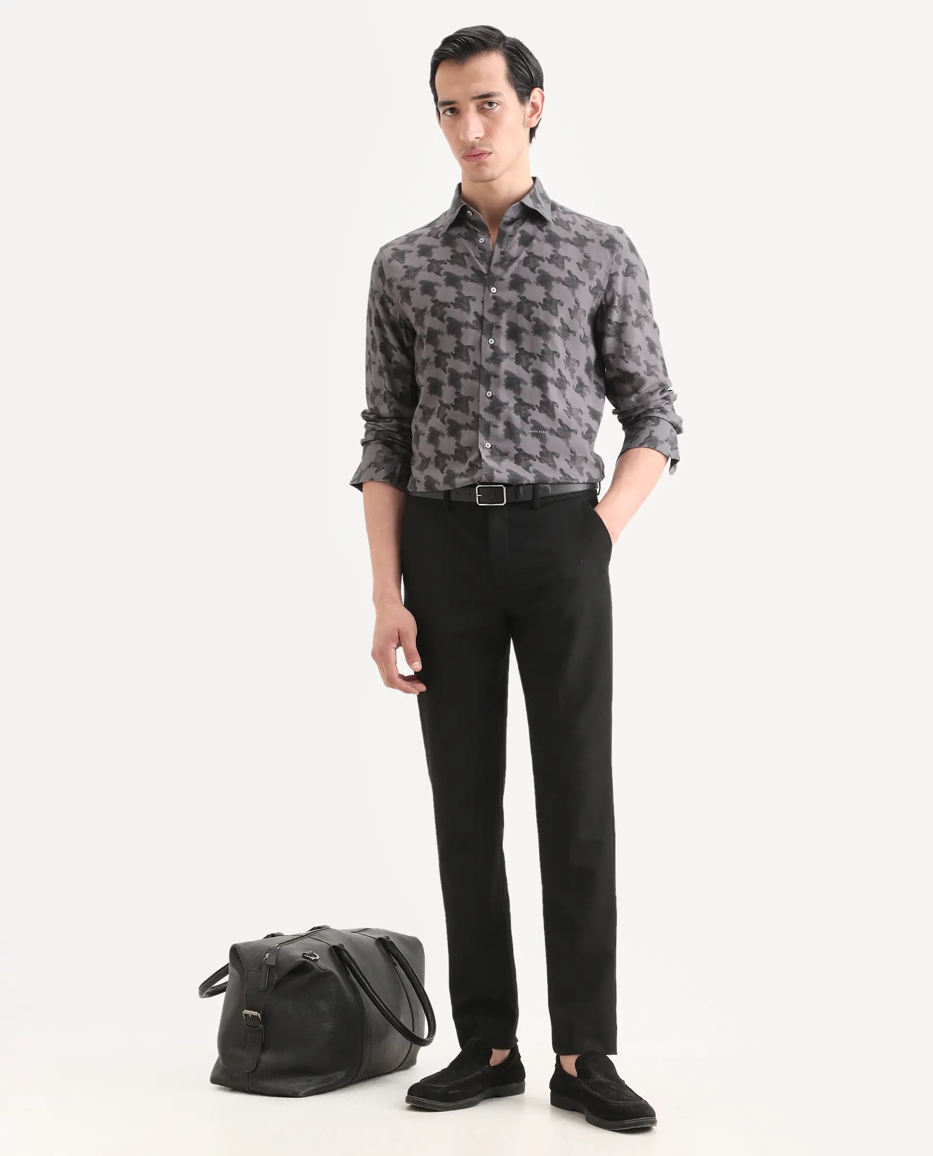 Rare Rabbit Men's Munes Dark Grey Viscose Fabric Collared Neck Regular Geometric Print Shirt - Image 2