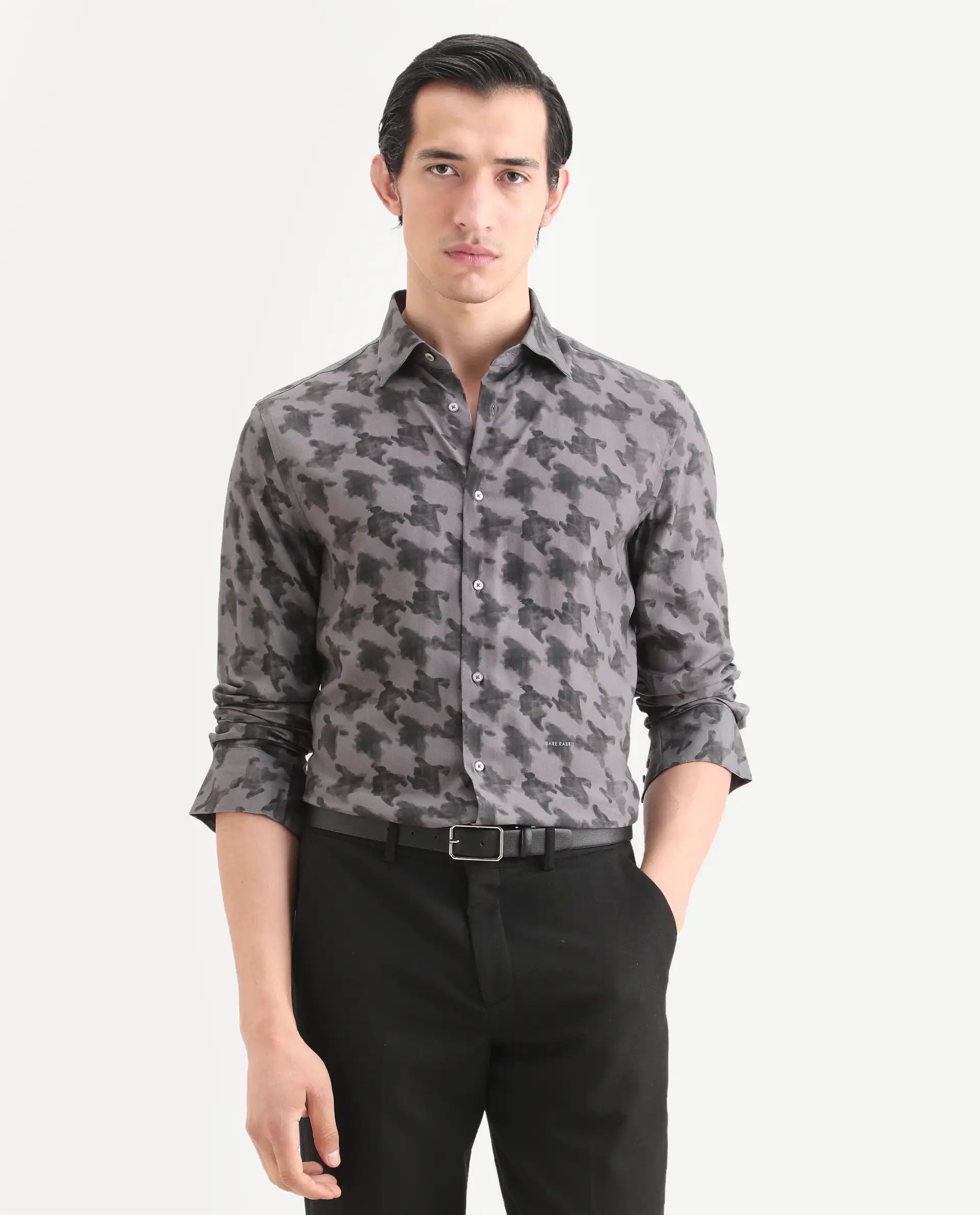 Rare Rabbit Men's Munes Dark Grey Viscose Fabric Collared Neck Regular Geometric Print Shirt - Image 3