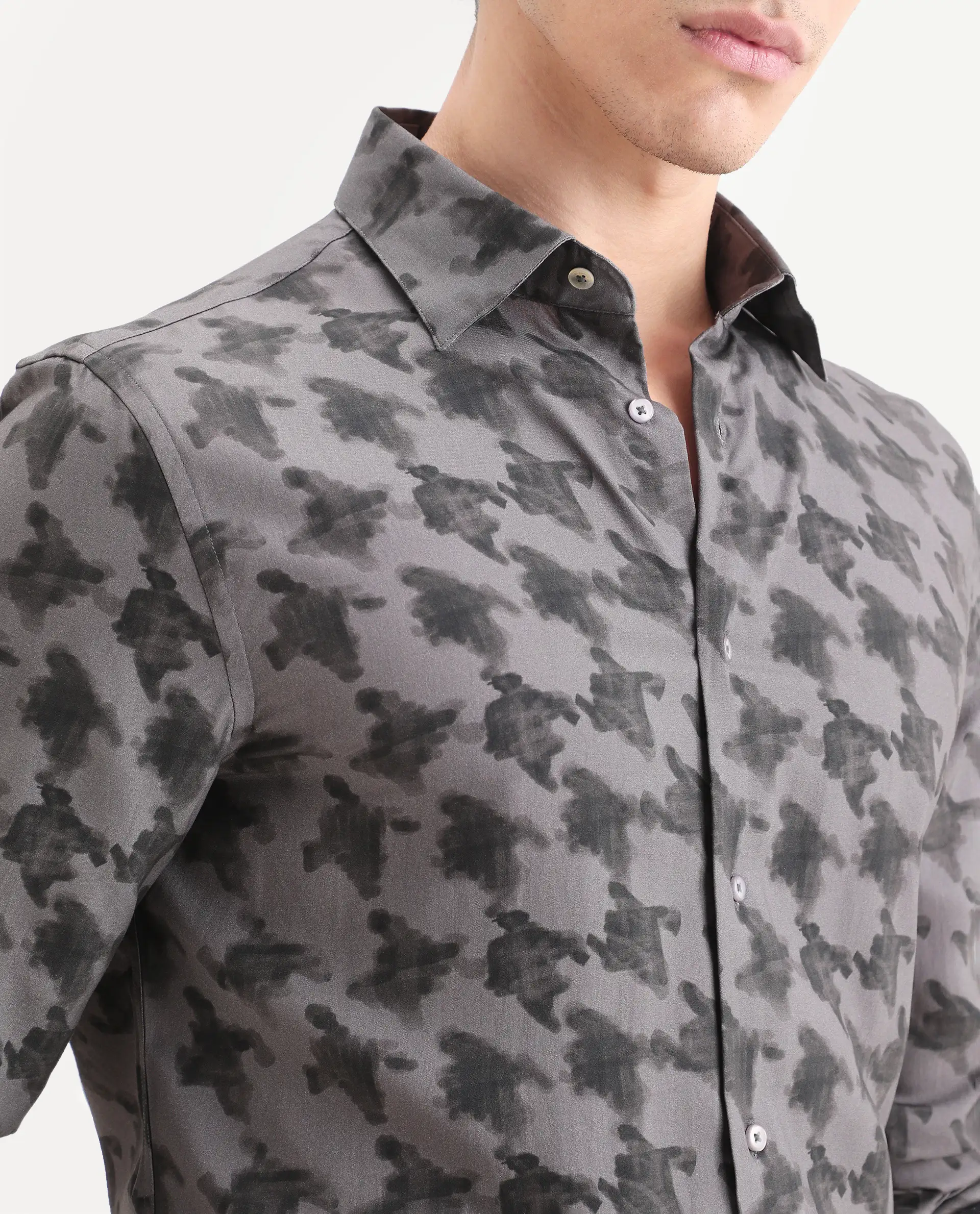 Rare Rabbit Men's Munes Dark Grey Viscose Fabric Collared Neck Regular Geometric Print Shirt - Image 4