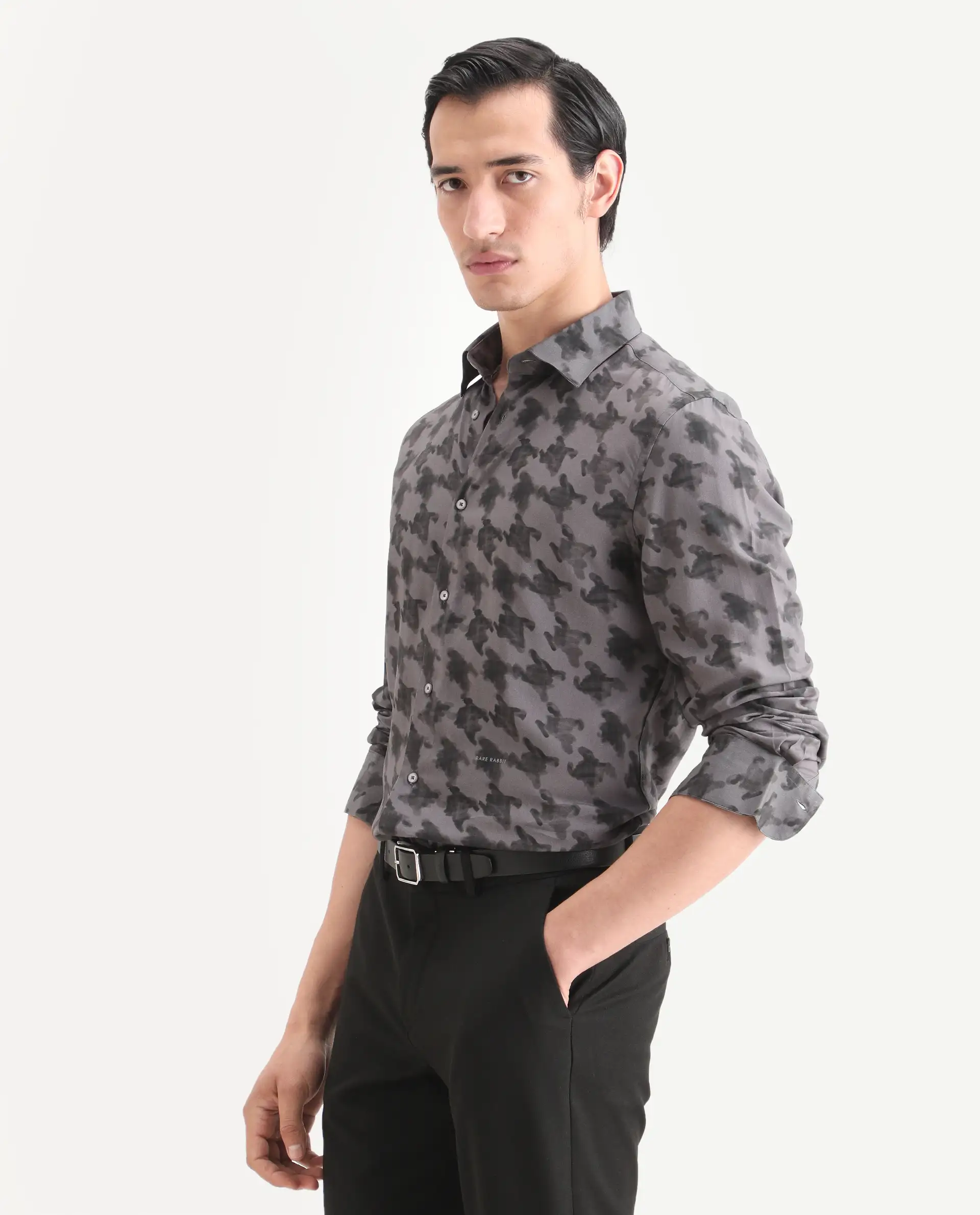 Rare Rabbit Men's Munes Dark Grey Viscose Fabric Collared Neck Regular Geometric Print Shirt - Image 5