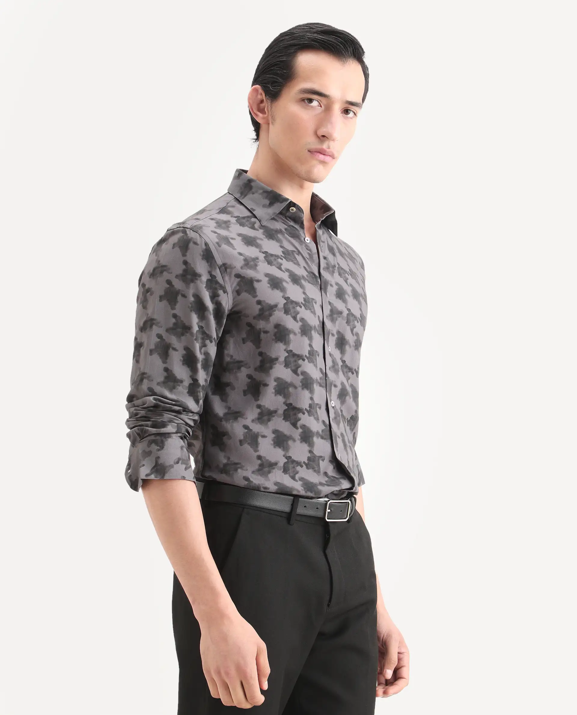 Rare Rabbit Men's Munes Dark Grey Viscose Fabric Collared Neck Regular Geometric Print Shirt - Image 6