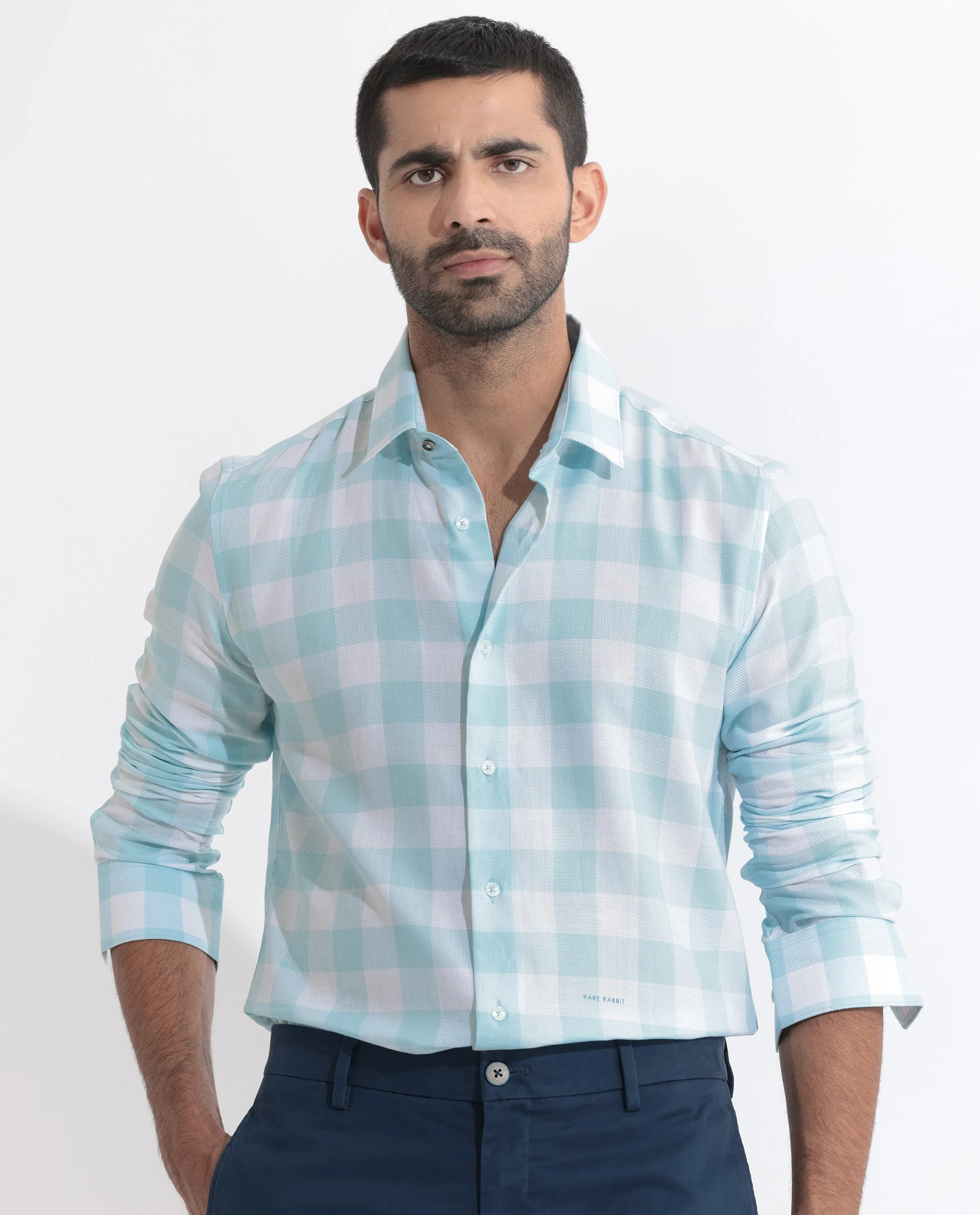 Rare Rabbit Men's Munich Blue Cotton Checked Print Regular Fit Full Sleeve Collared Shirt