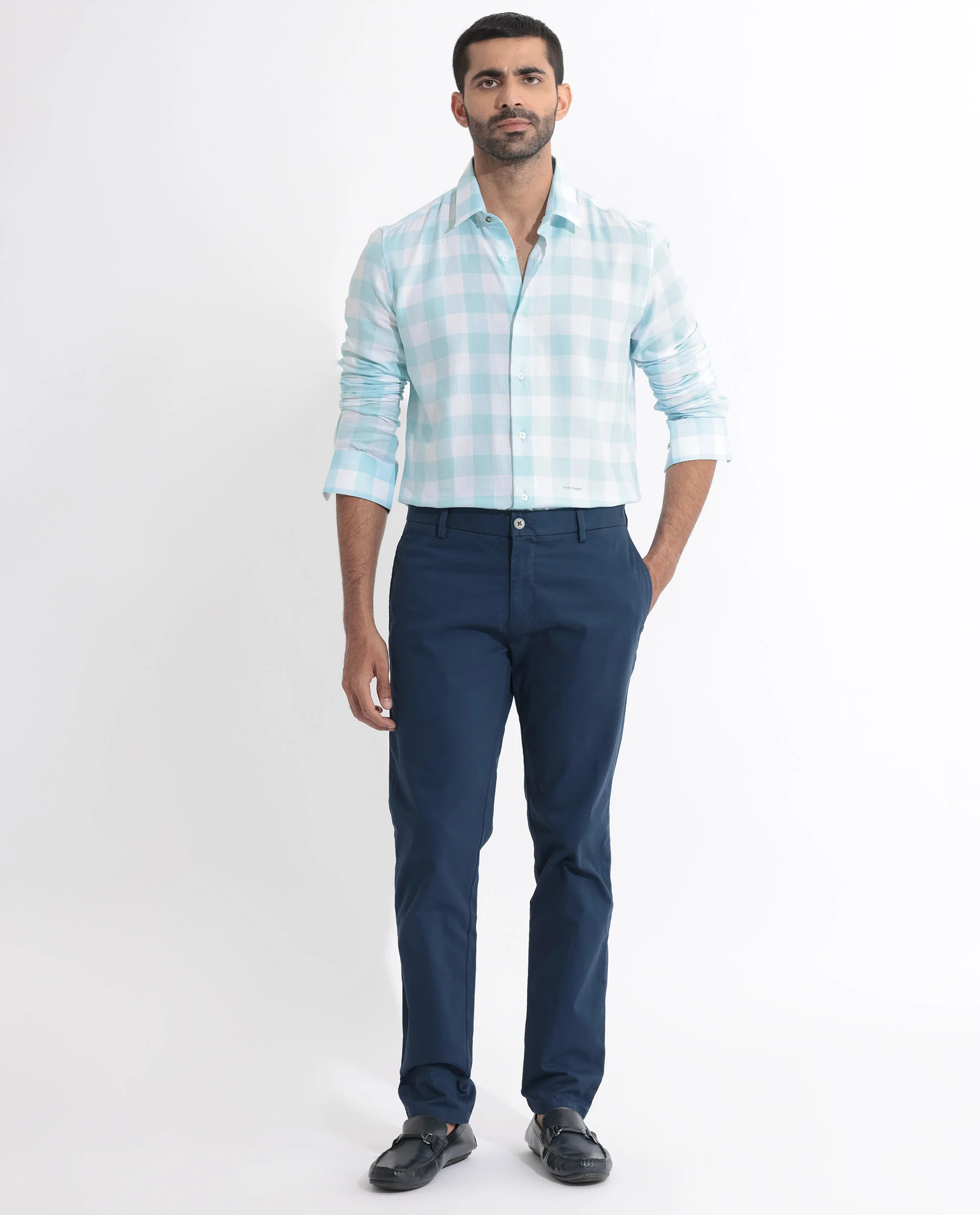 Rare Rabbit Men's Munich Blue Cotton Checked Print Regular Fit Full Sleeve Collared Shirt - Image 2