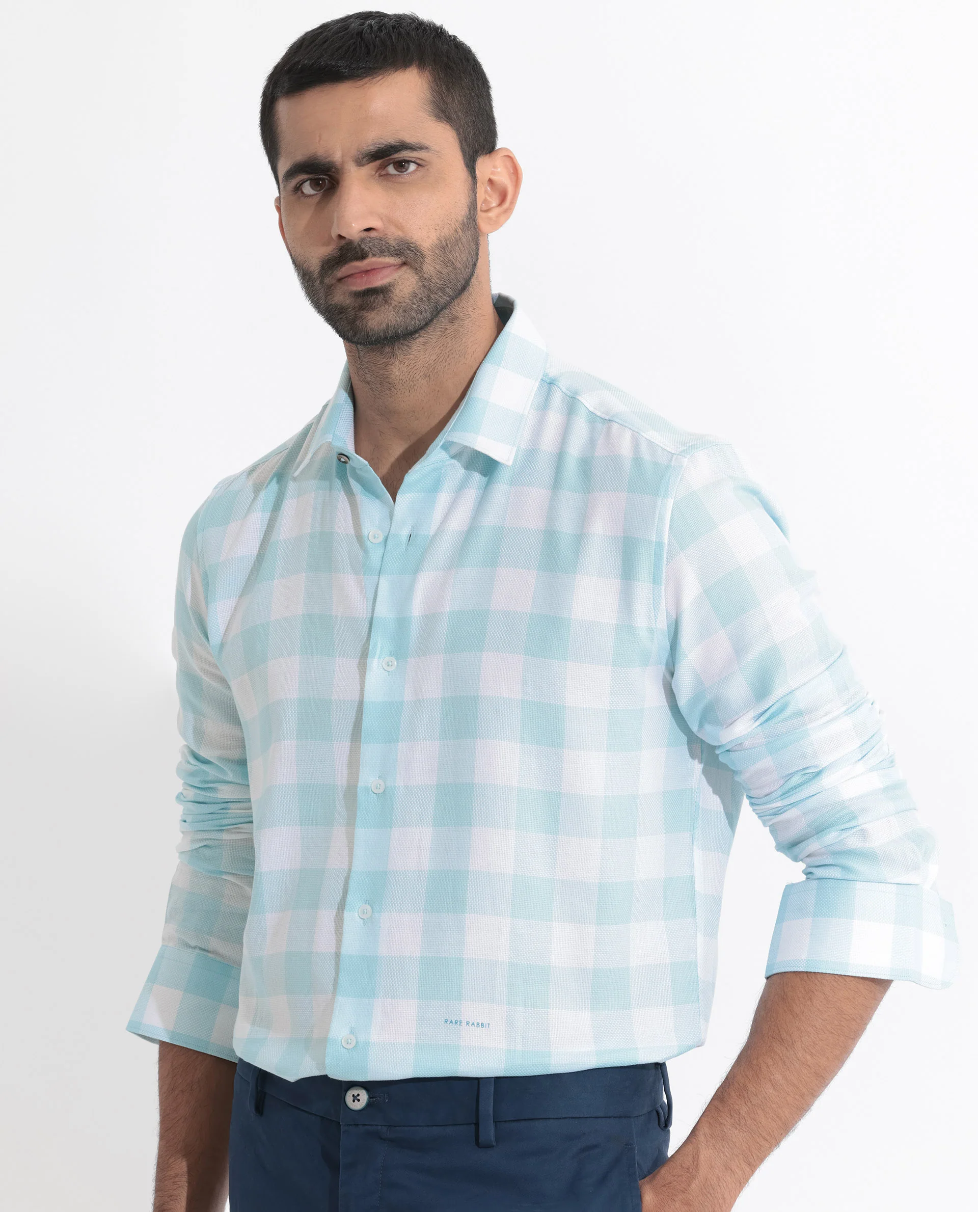 Rare Rabbit Men's Munich Blue Cotton Checked Print Regular Fit Full Sleeve Collared Shirt - Image 6