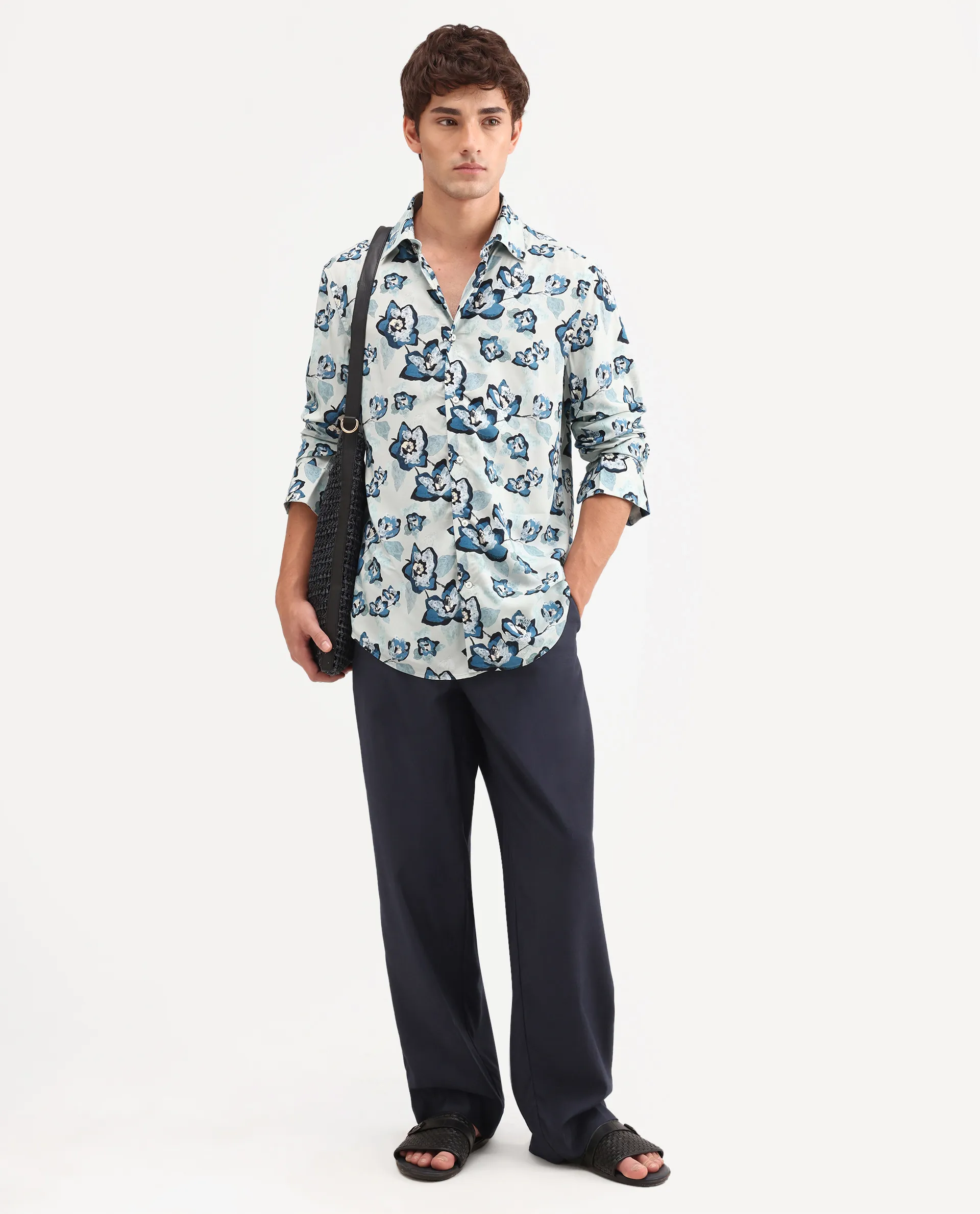 Rare Rabbit Men's Mura Light Blue Viscose Fabric Full Sleeve Spread Collar Regular Floral Print Shirt - Image 2