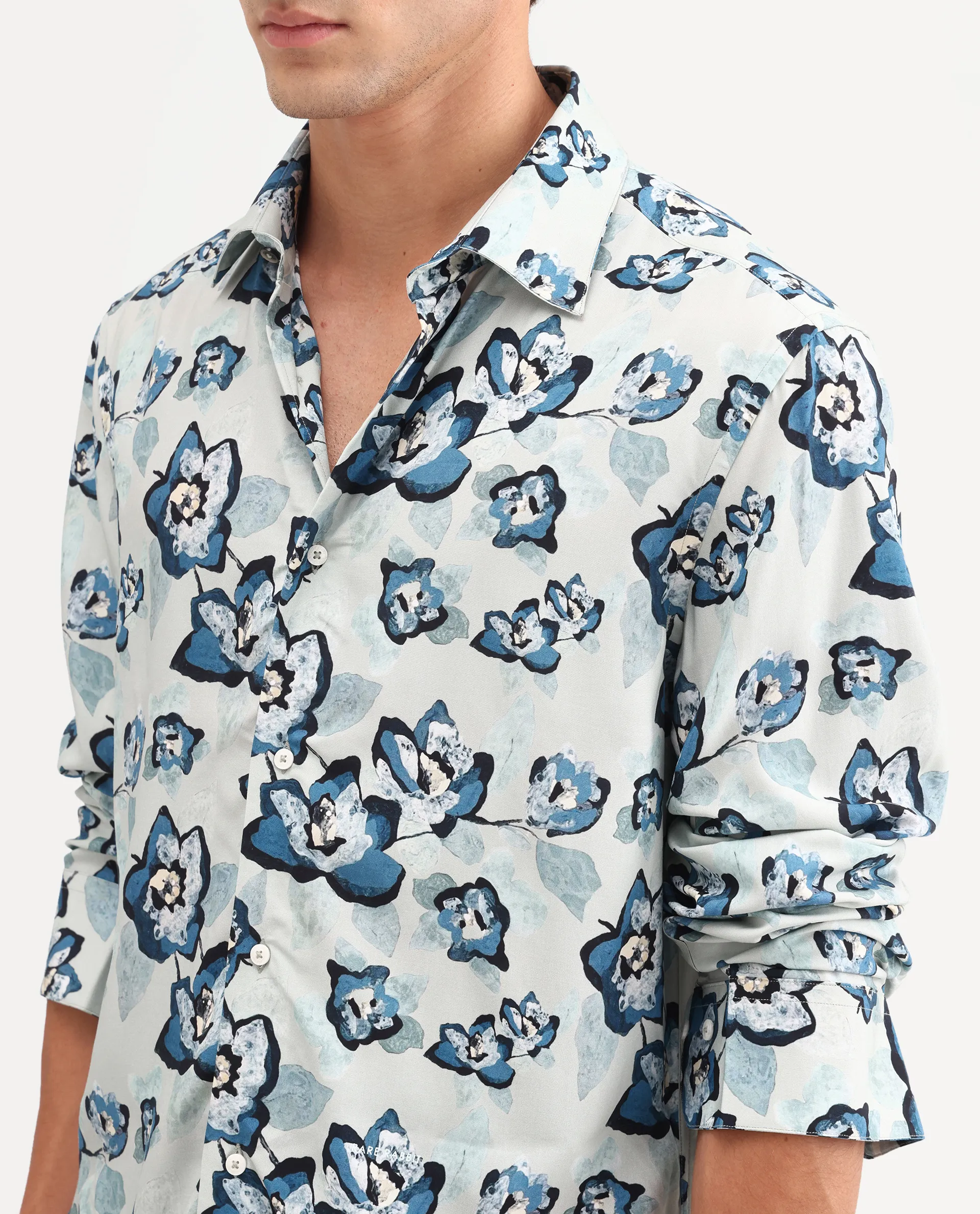 Rare Rabbit Men's Mura Light Blue Viscose Fabric Full Sleeve Spread Collar Regular Floral Print Shirt - Image 3