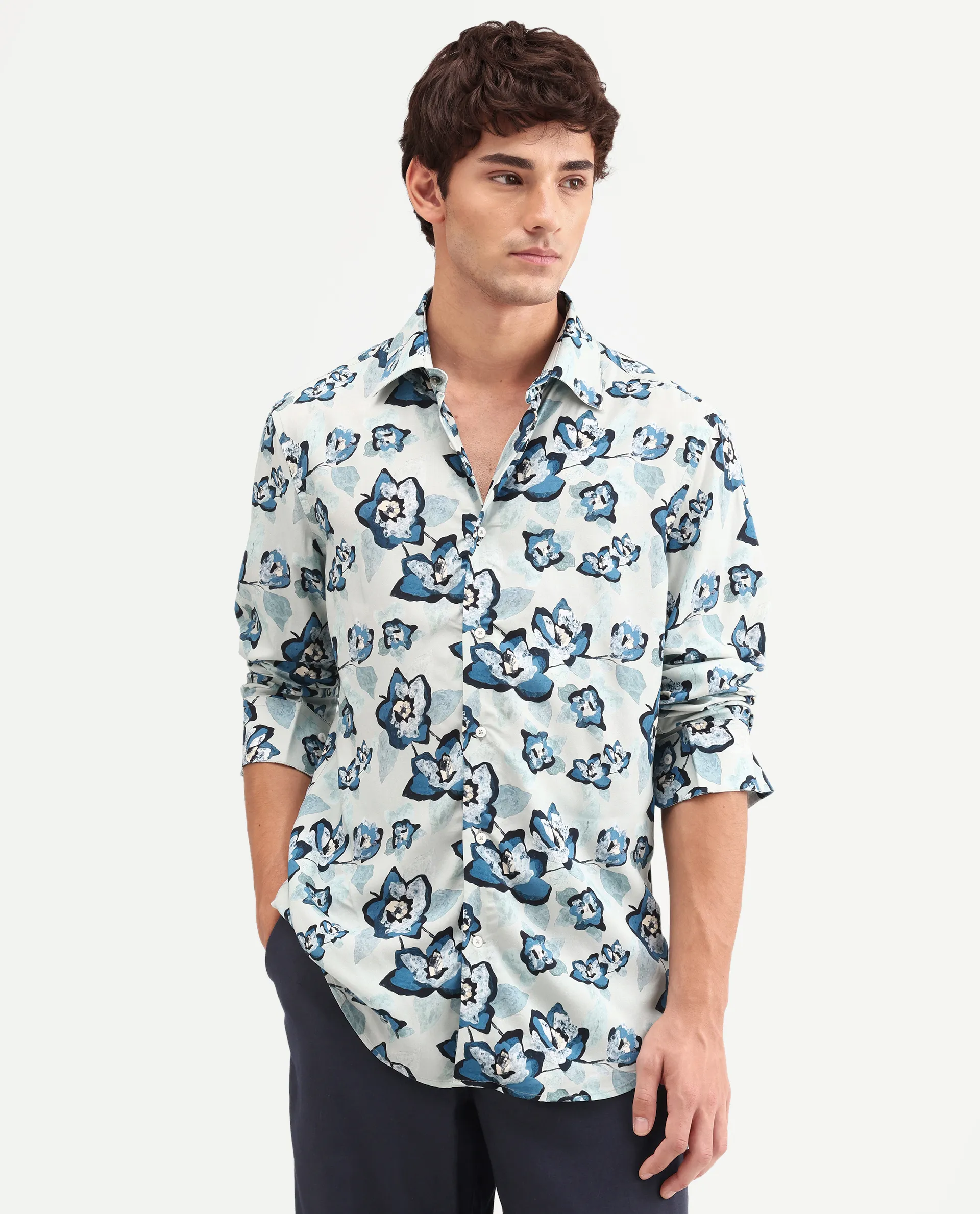 Rare Rabbit Men's Mura Light Blue Viscose Fabric Full Sleeve Spread Collar Regular Floral Print Shirt - Image 4