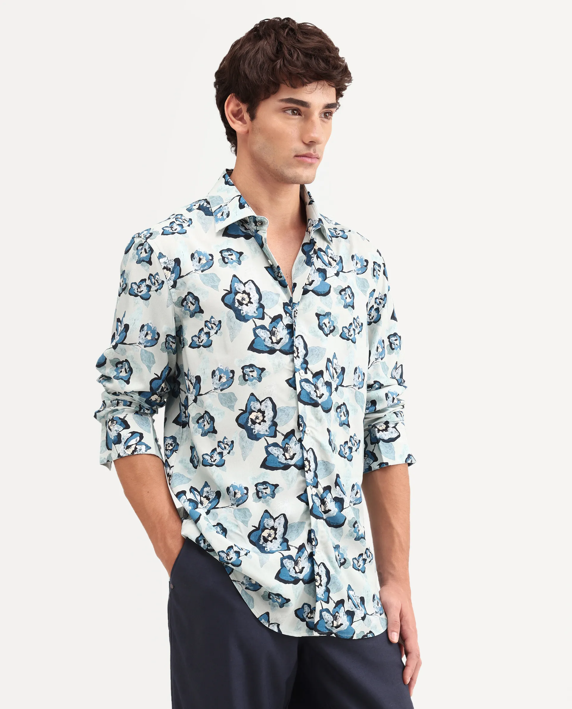 Rare Rabbit Men's Mura Light Blue Viscose Fabric Full Sleeve Spread Collar Regular Floral Print Shirt - Image 5