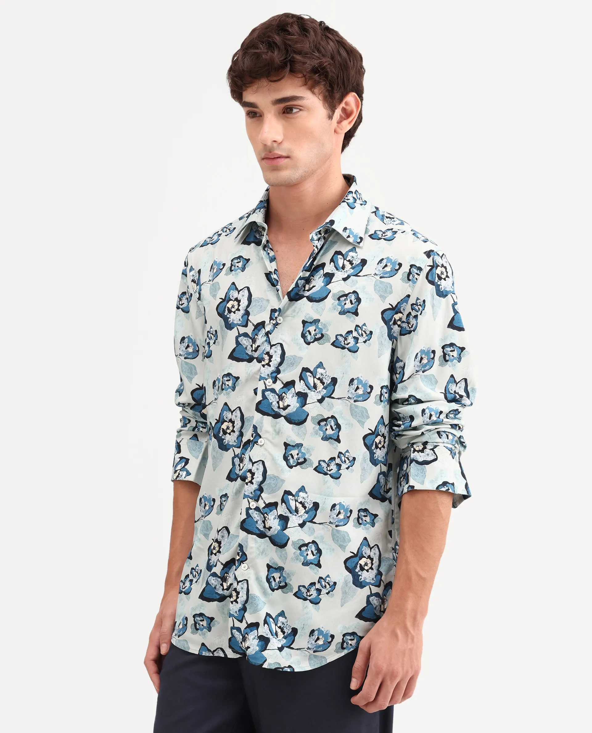 Rare Rabbit Men's Mura Light Blue Viscose Fabric Full Sleeve Spread Collar Regular Floral Print Shirt - Image 6